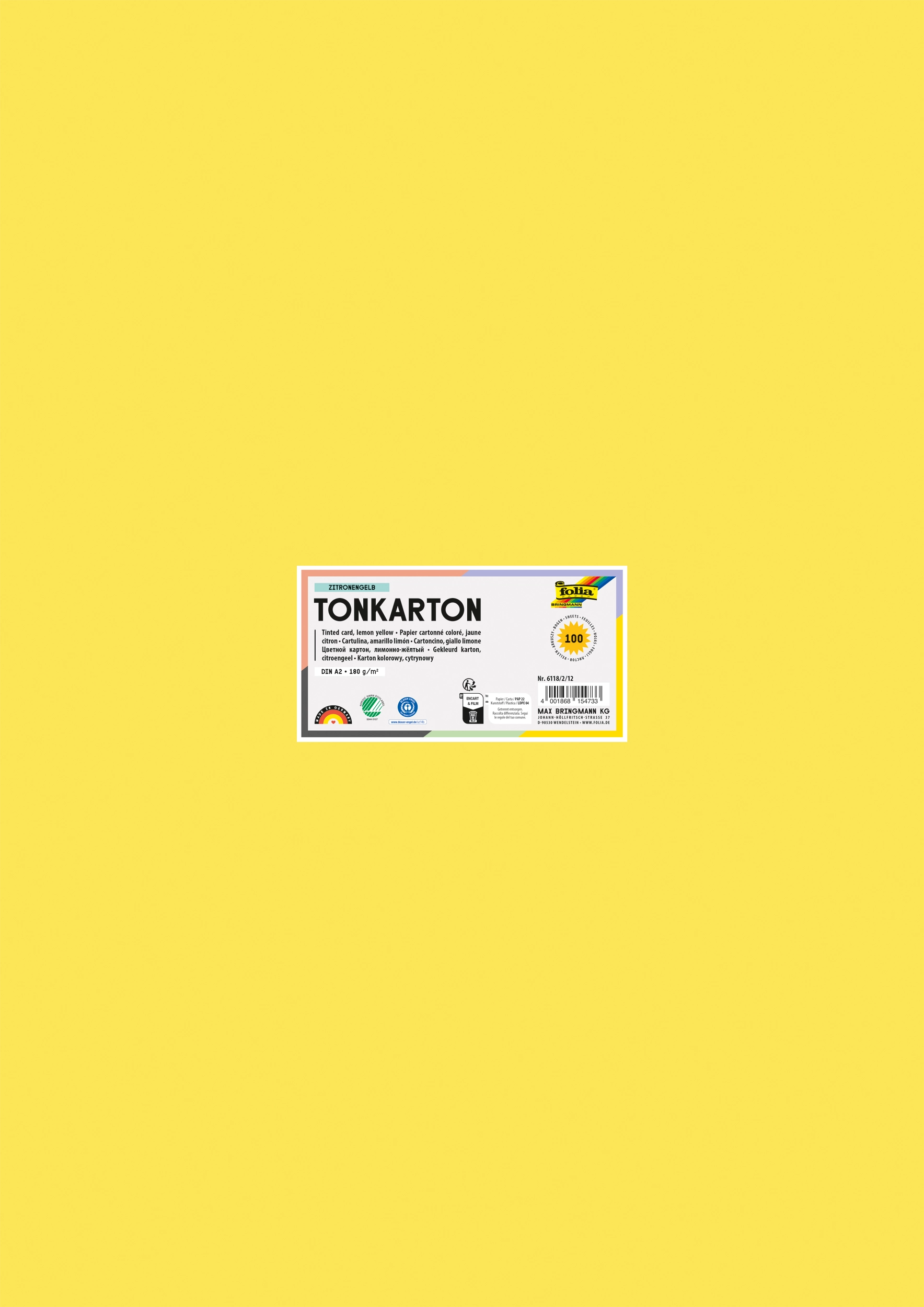 Tinted Card, Lemon Yellow, DIN A2, 180 g/m², 100 sheets