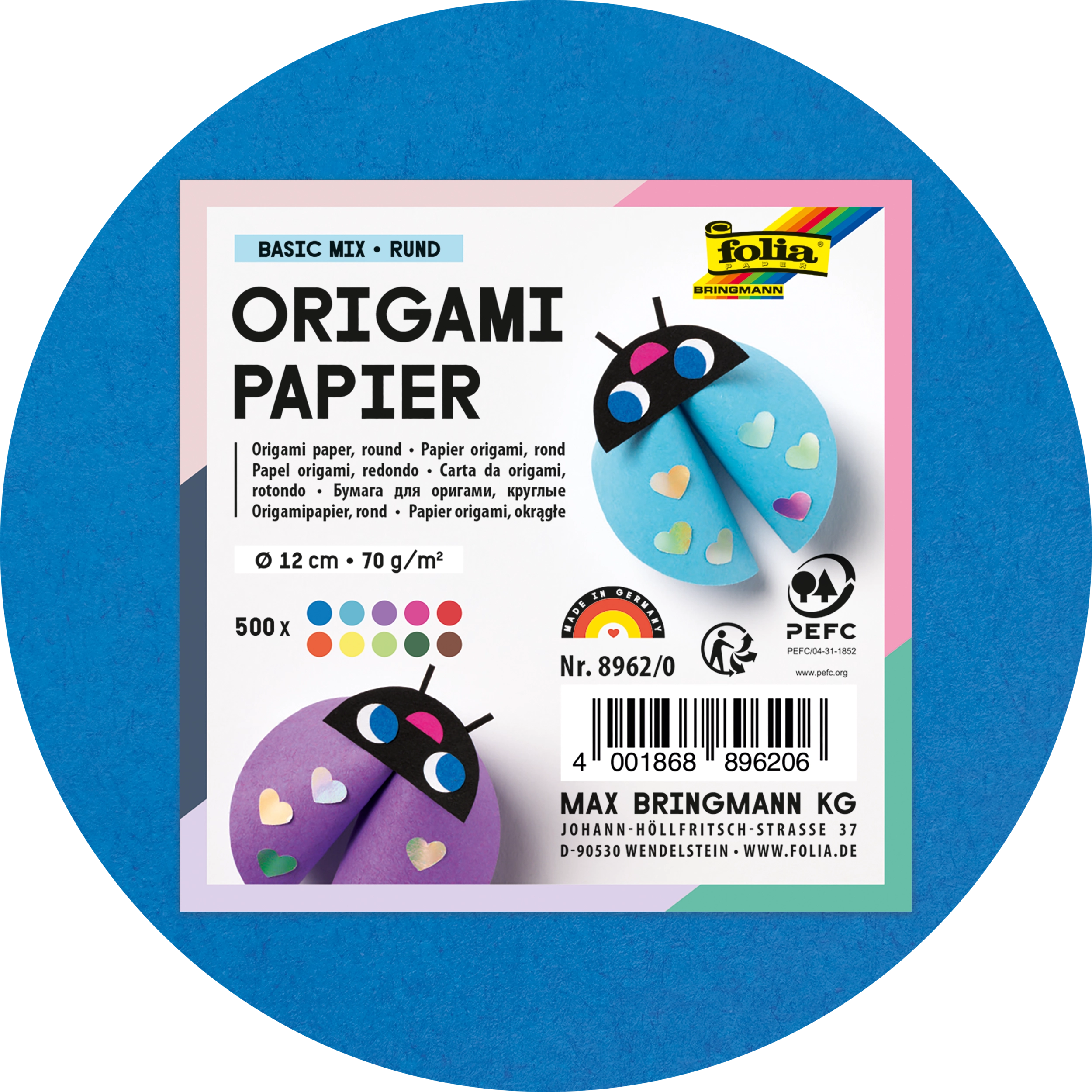 Origamipapier, Basic Mix, Rund, 70 g/m², 500 Blatt