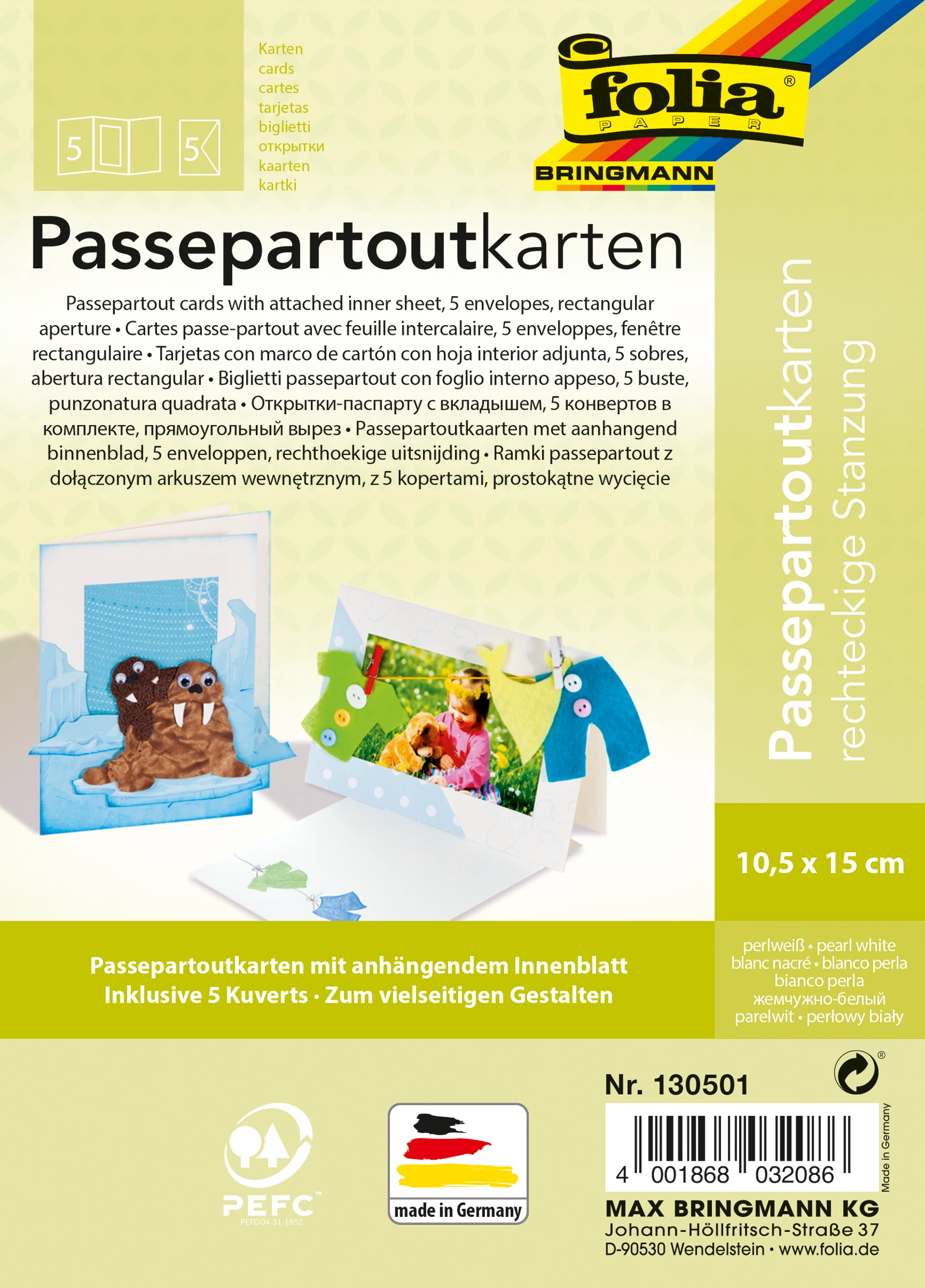Passepartoutkarten, Perlweiß, Rechteckig, 10,5 x 15,0 cm, 130 g/m², 220 g/m² , 5 Stück