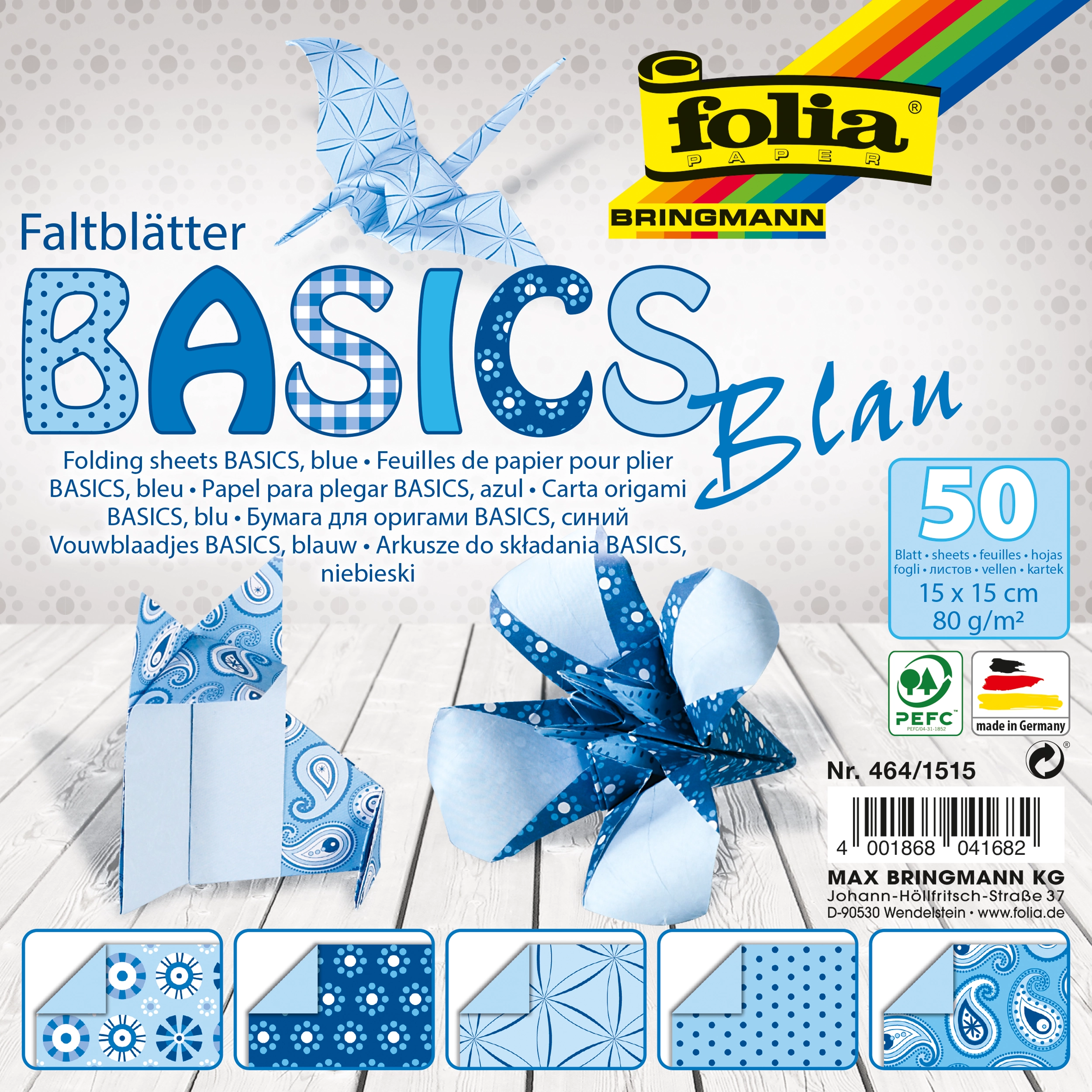 Origamipapier, Basics, Blau, 15 x 15 cm, 80 g/m², 50 Blatt
