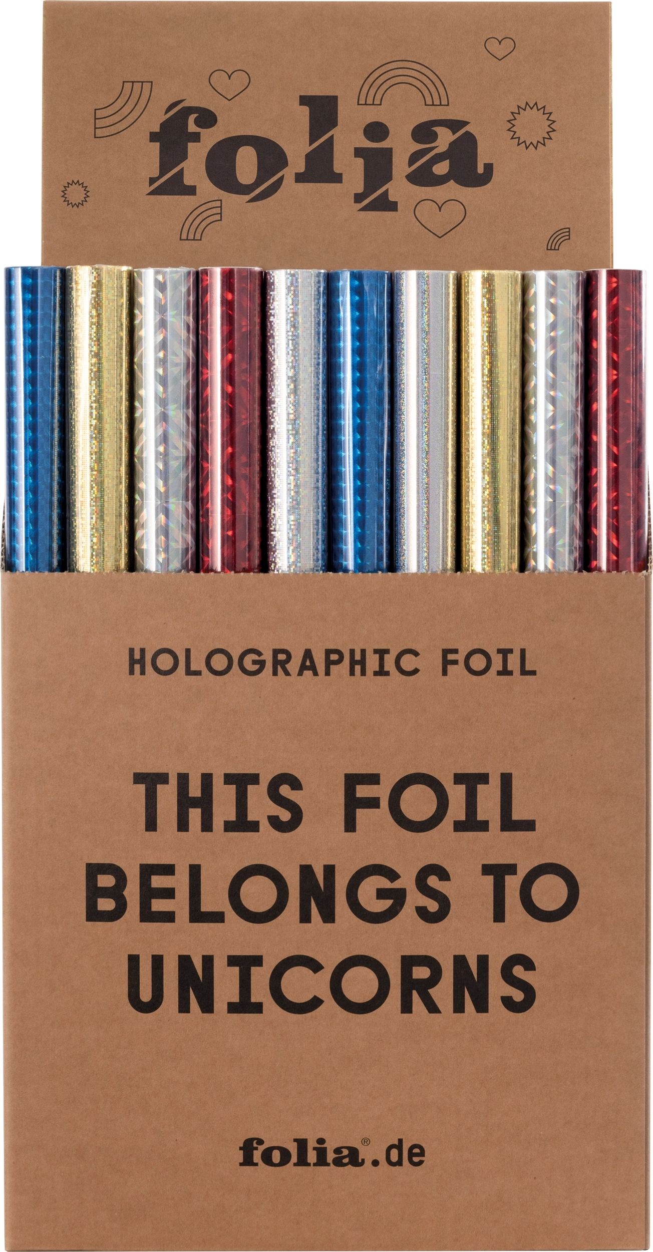 Holographische Folie im Display, Farbig Sortiert, Selbstklebend, 40 cm x 1 m, 50 Rollen