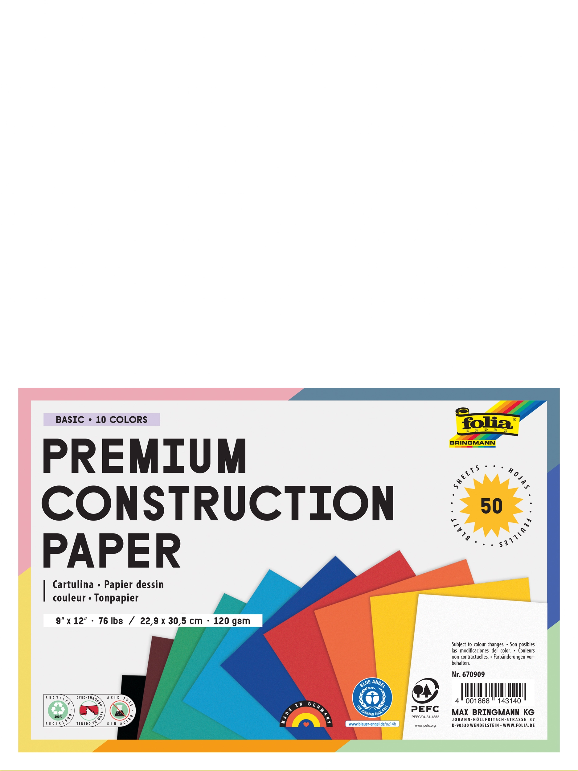 Tonpapier, Basic, 10 Farben, 22,9 x 30,5 cm, 120 g/m², 50 Blatt