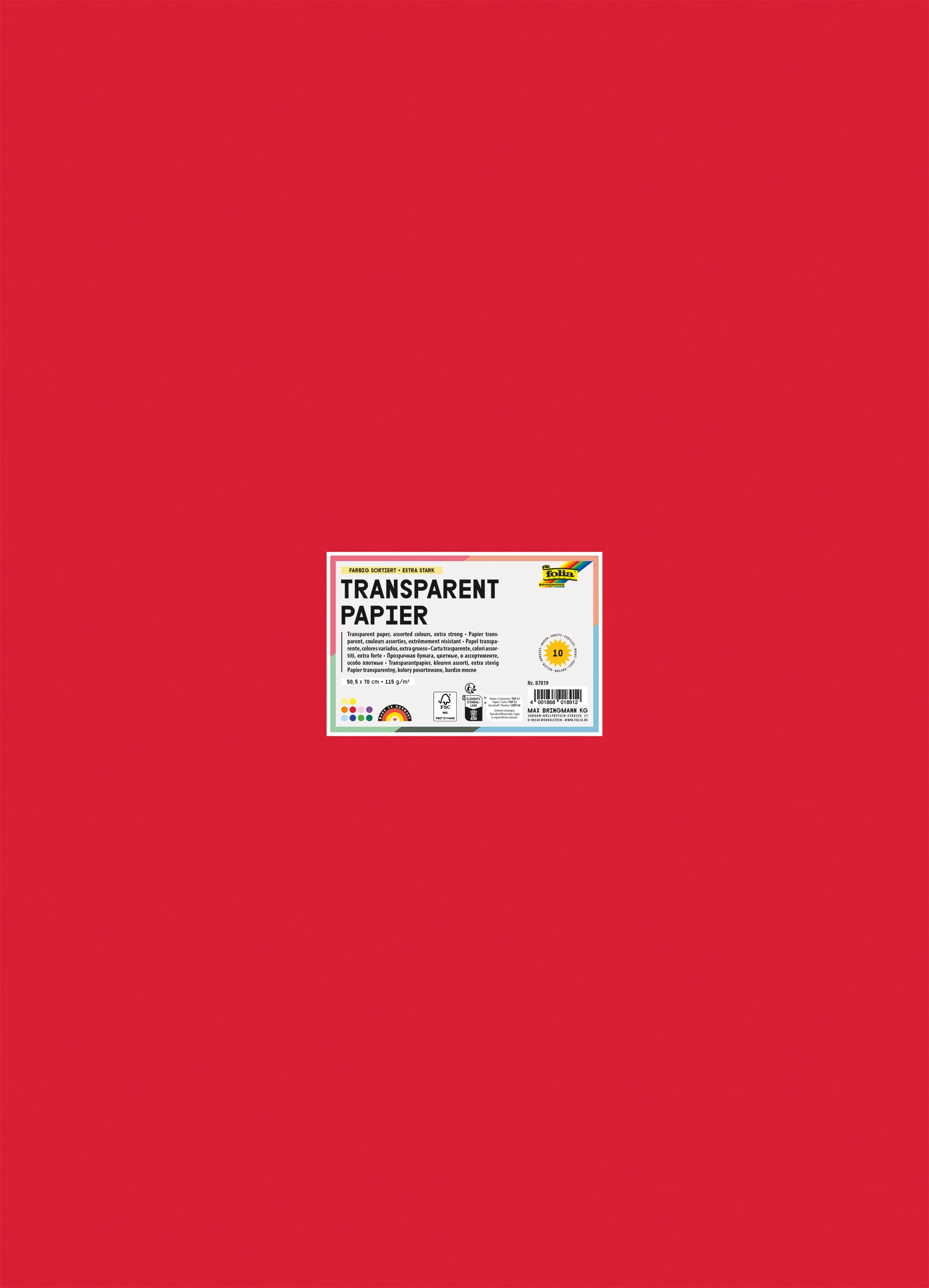 Transparentpapier, Farbig Sortiert, Extra Stark, 50,5 x 70,0 cm, 115 g/m², 10 Blatt
