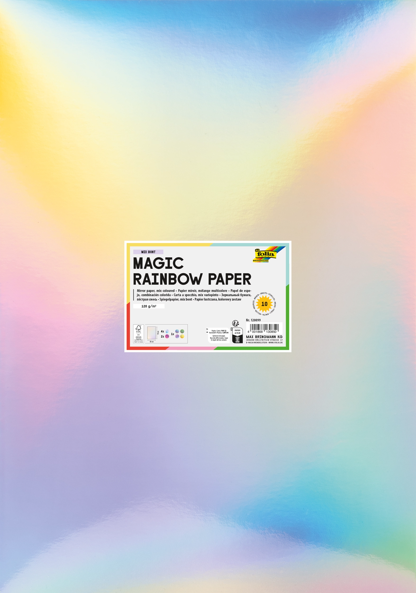 Magic Rainbow Paper, Coloured Mix, Iridescent, 50 x 70 cm, 120 g/m², 10 sheets