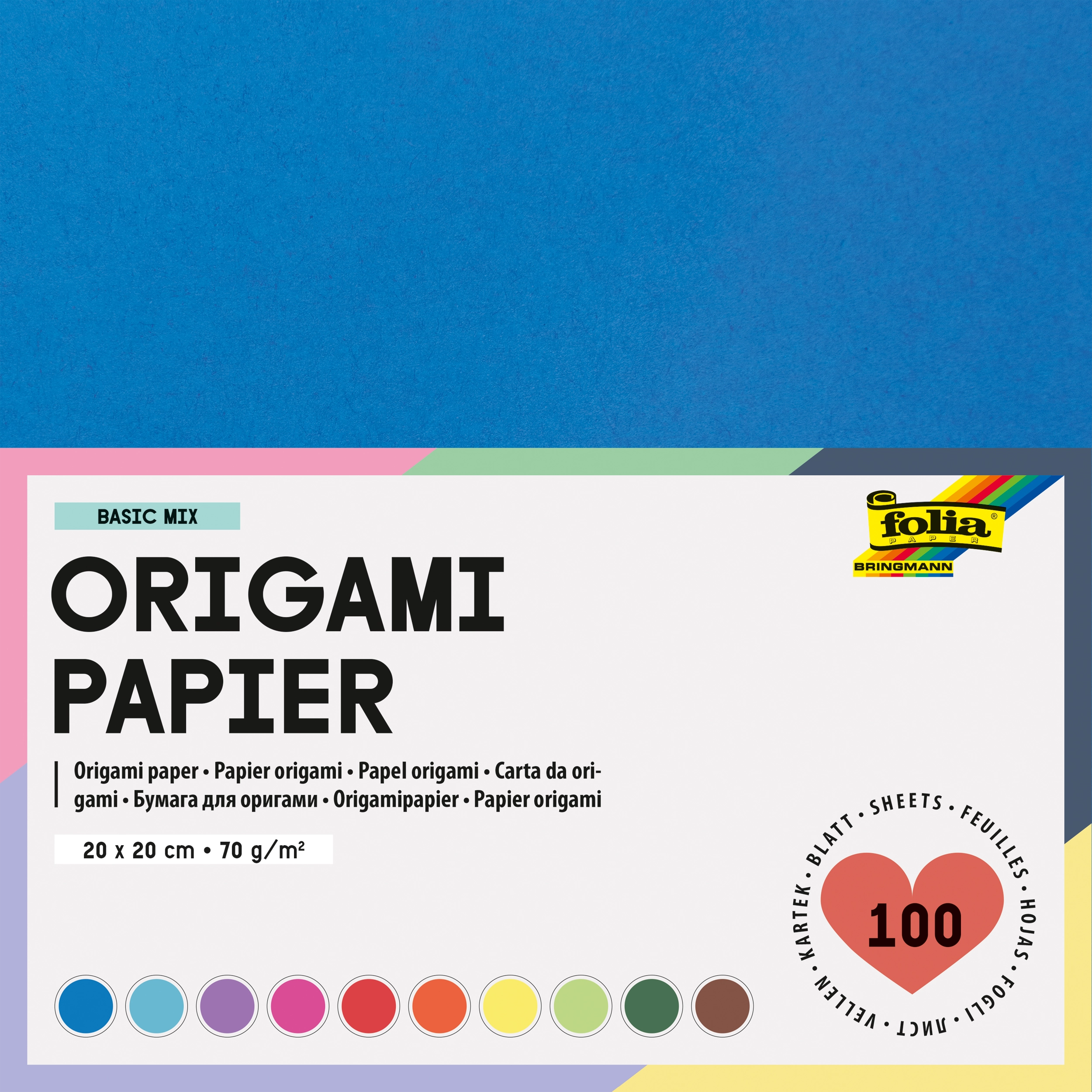 Origamipapier, Basic Mix, 20 x 20 cm, 70 g/m², 100 Blatt