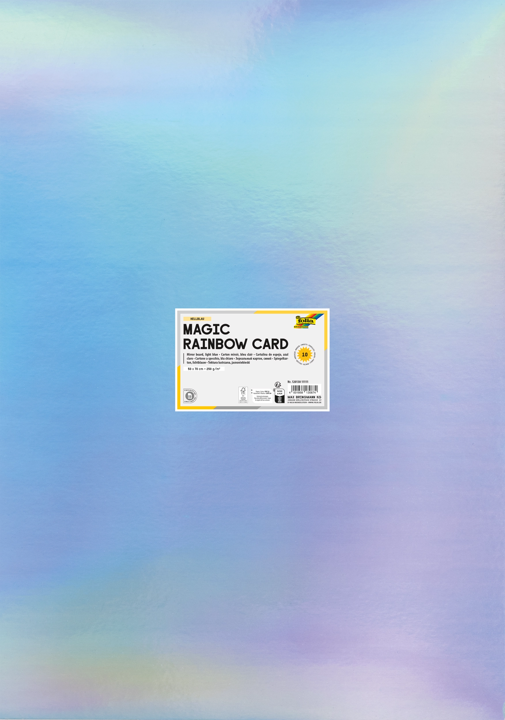 Magic Rainbow Card, Light Blue, Iridescent, 50 x 70 cm, 250 g/m², 10 sheets, with individual EAN