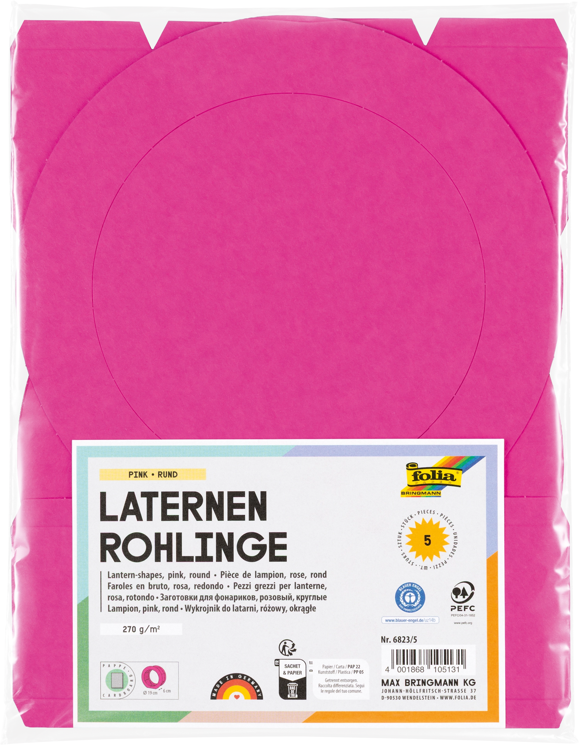 Laternen-Rohlinge aus Fotokarton, Pink, Rund, Ø 19 x 6 cm, 300 g/m², Ø 19 cm, 5 Stück