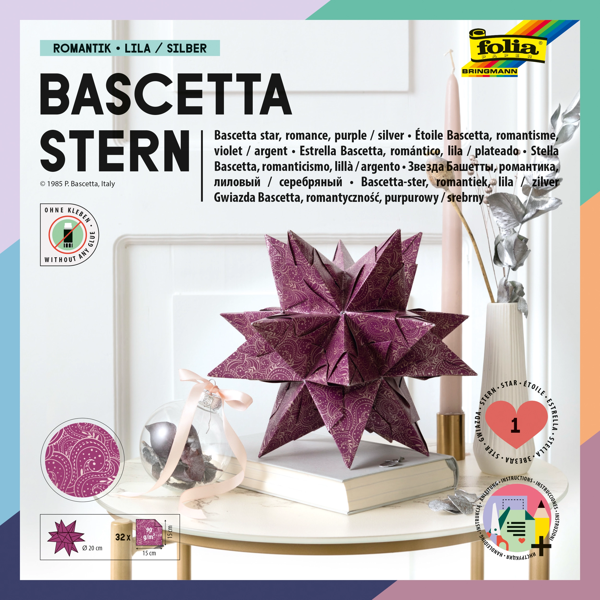 Bascetta Stern, Romantik, Lila & Silber, 15 x 15 cm, 90 g/m², Ø 20 cm, 1 Stern
