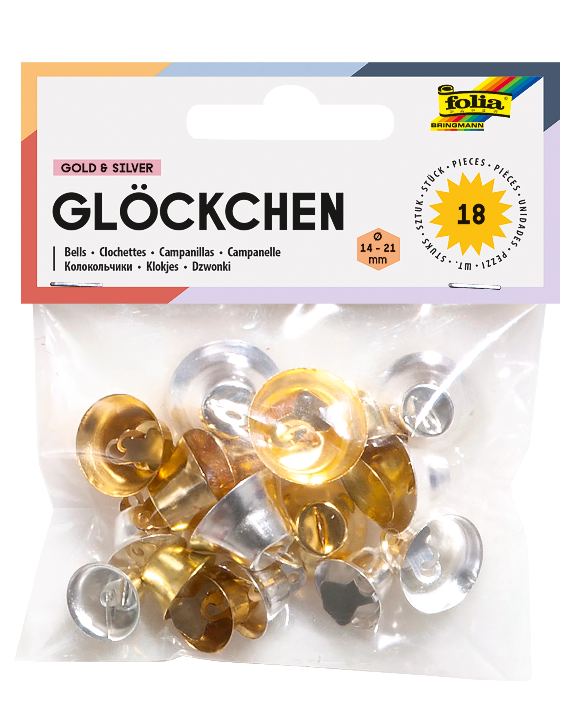 Bells, Gold & Silver, Ø 14, 18, 21 mm, 18 pieces
