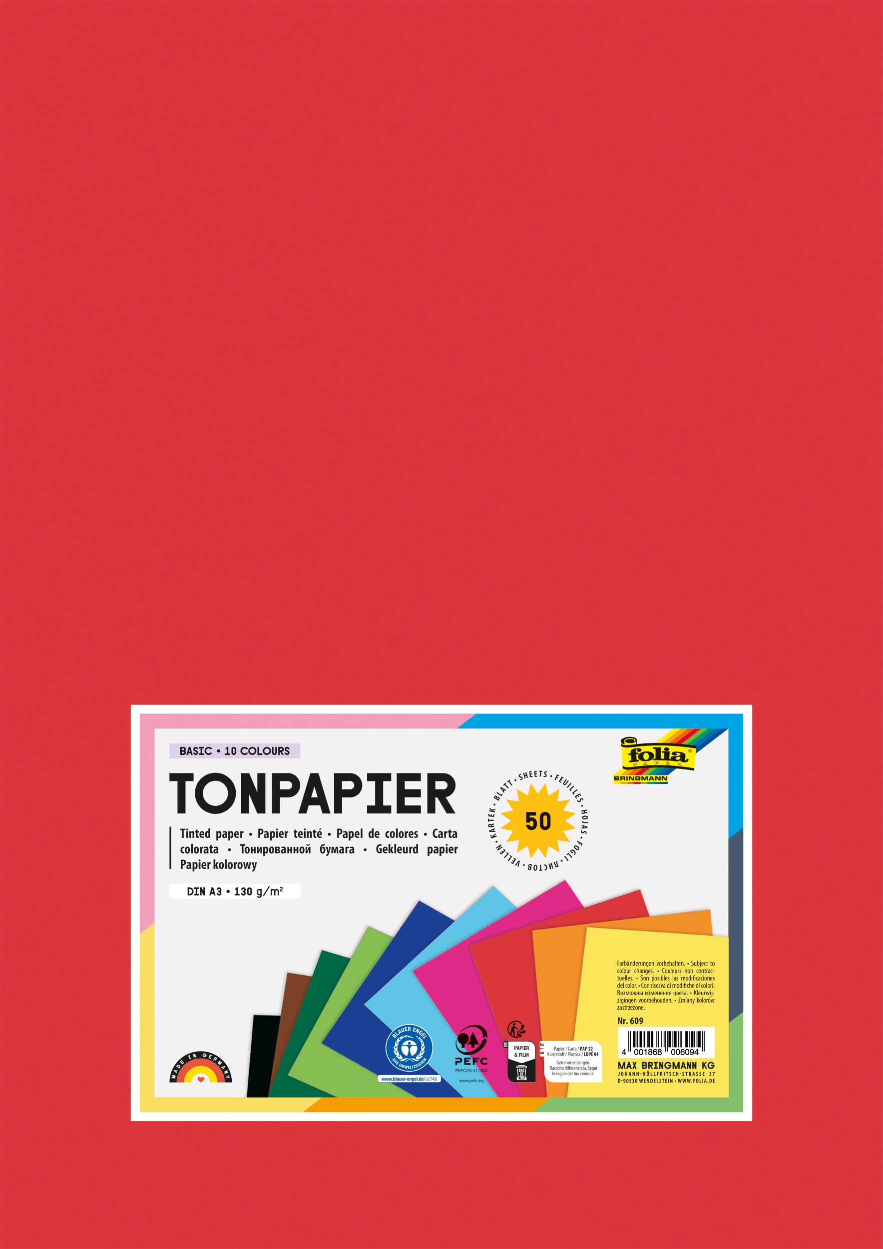 Tonpapier, Basic, 10 Farben, DIN A3, 130 g/m², 50 Blatt