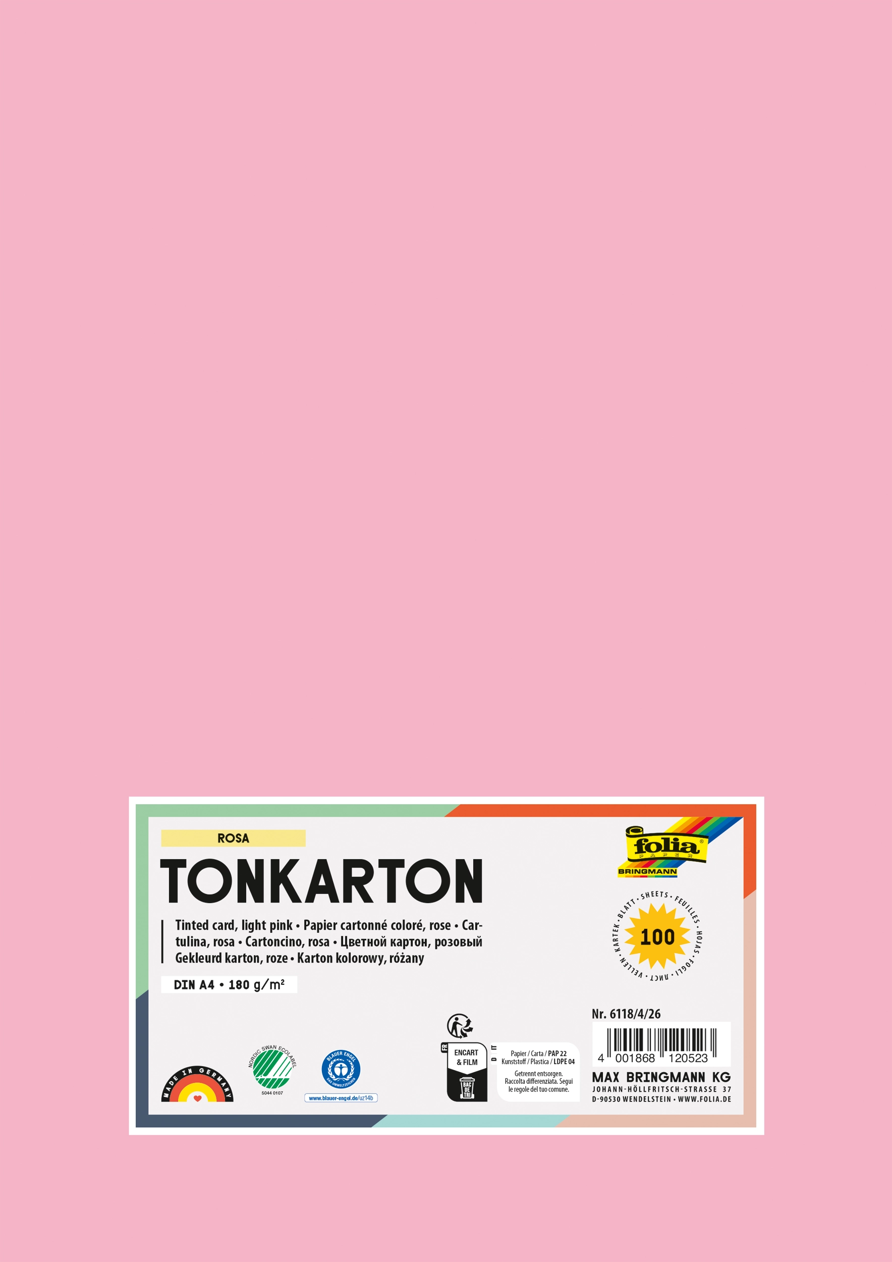 Tonkarton, Rosa, DIN A4, 180g/m², 100 Blatt