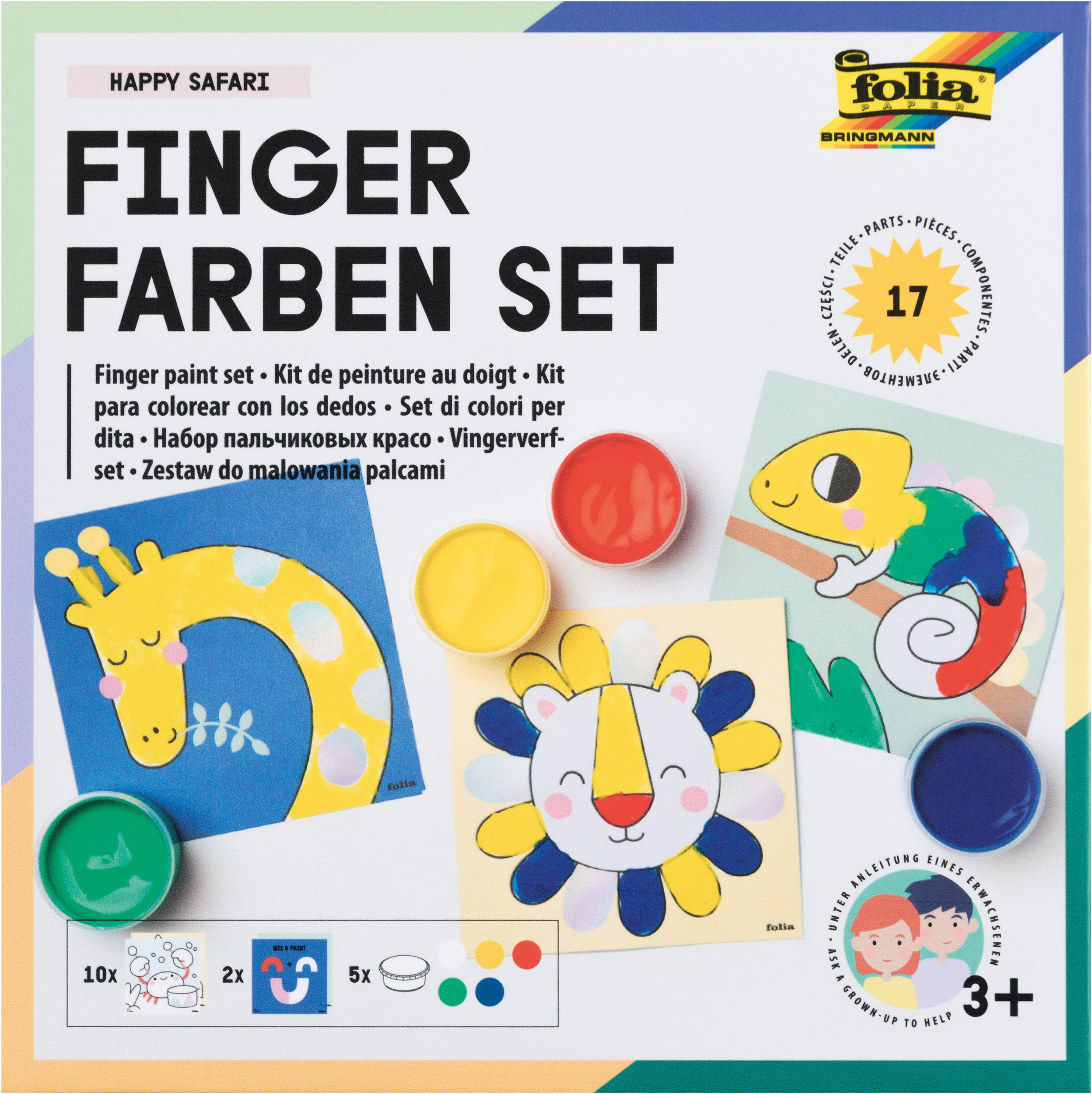 Fingerfarben Set, Happy Safari, Gelb, Rot, Weiß, Dunkelblau, Grün