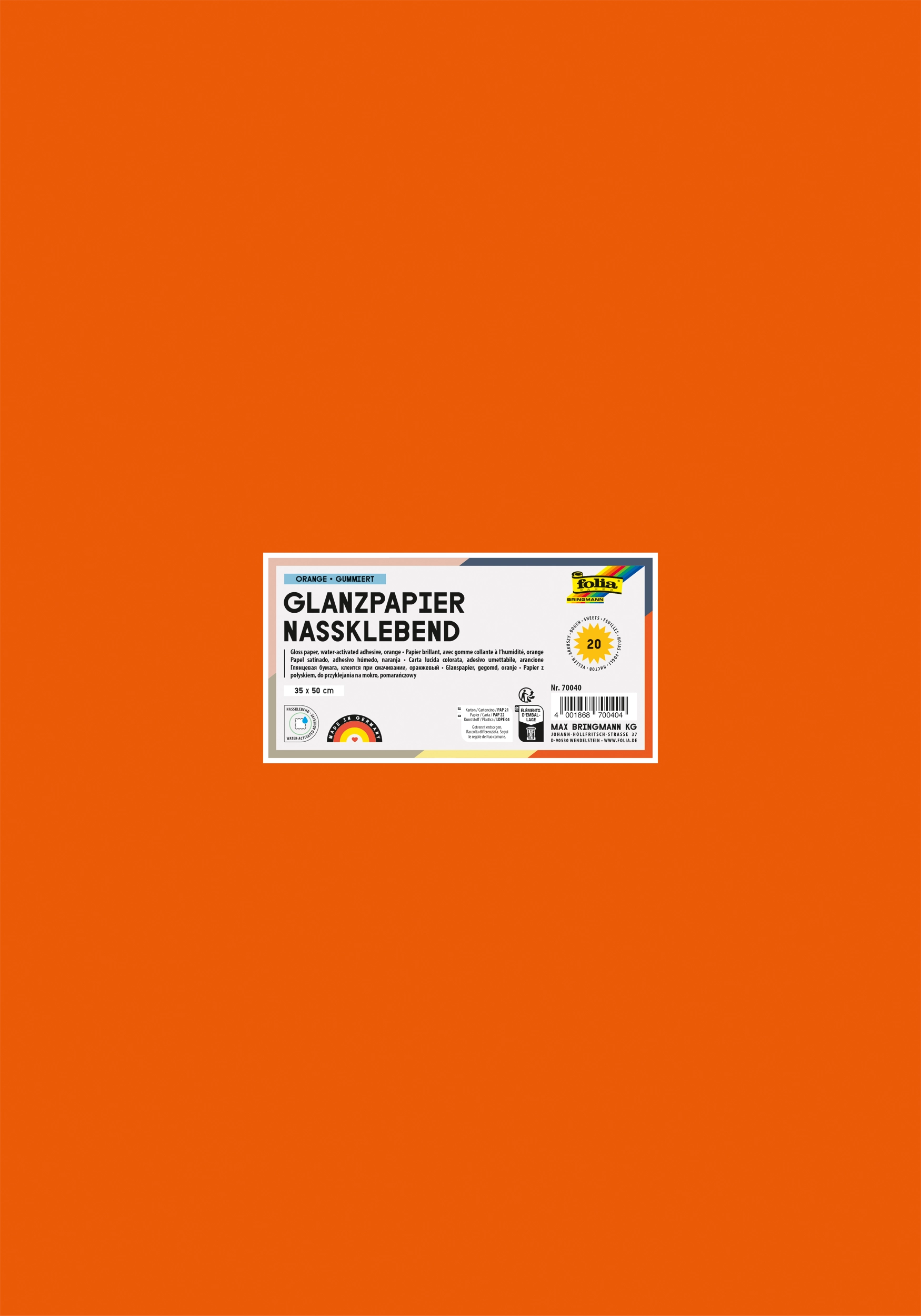 Glanzpapier Nassklebend, Orange, Gummiert, 35 x 50 cm, 80 g/m², 20 Blatt