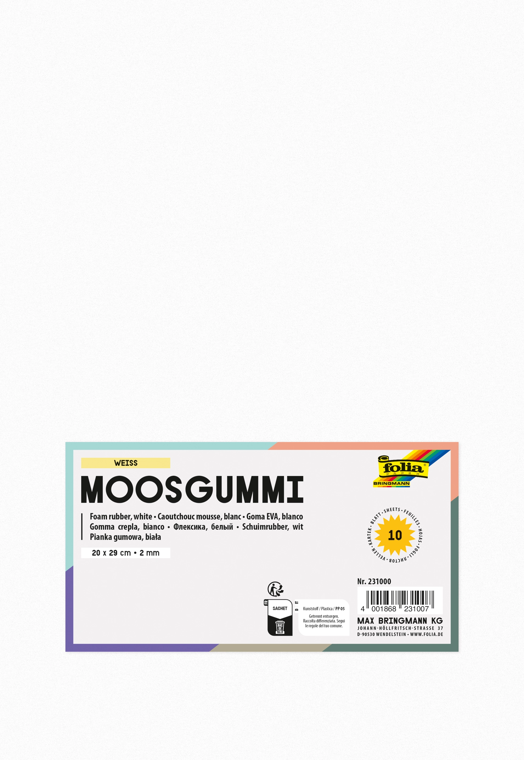 Moosgummi, Weiß, 20 x 29 cm, 10 Blatt
