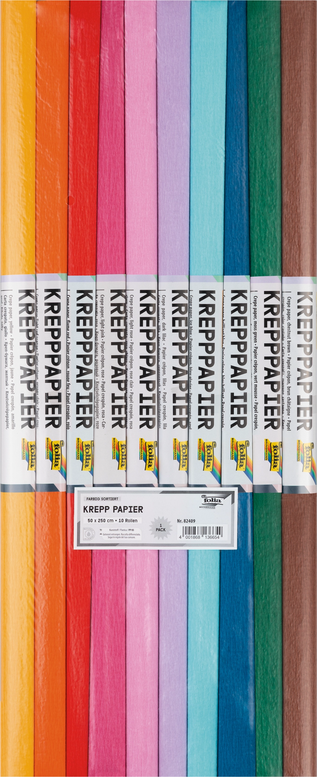 Crepe Paper Colourfast, Colours assorted, 50 x 250 cm, 32 g/m², 10 rolls