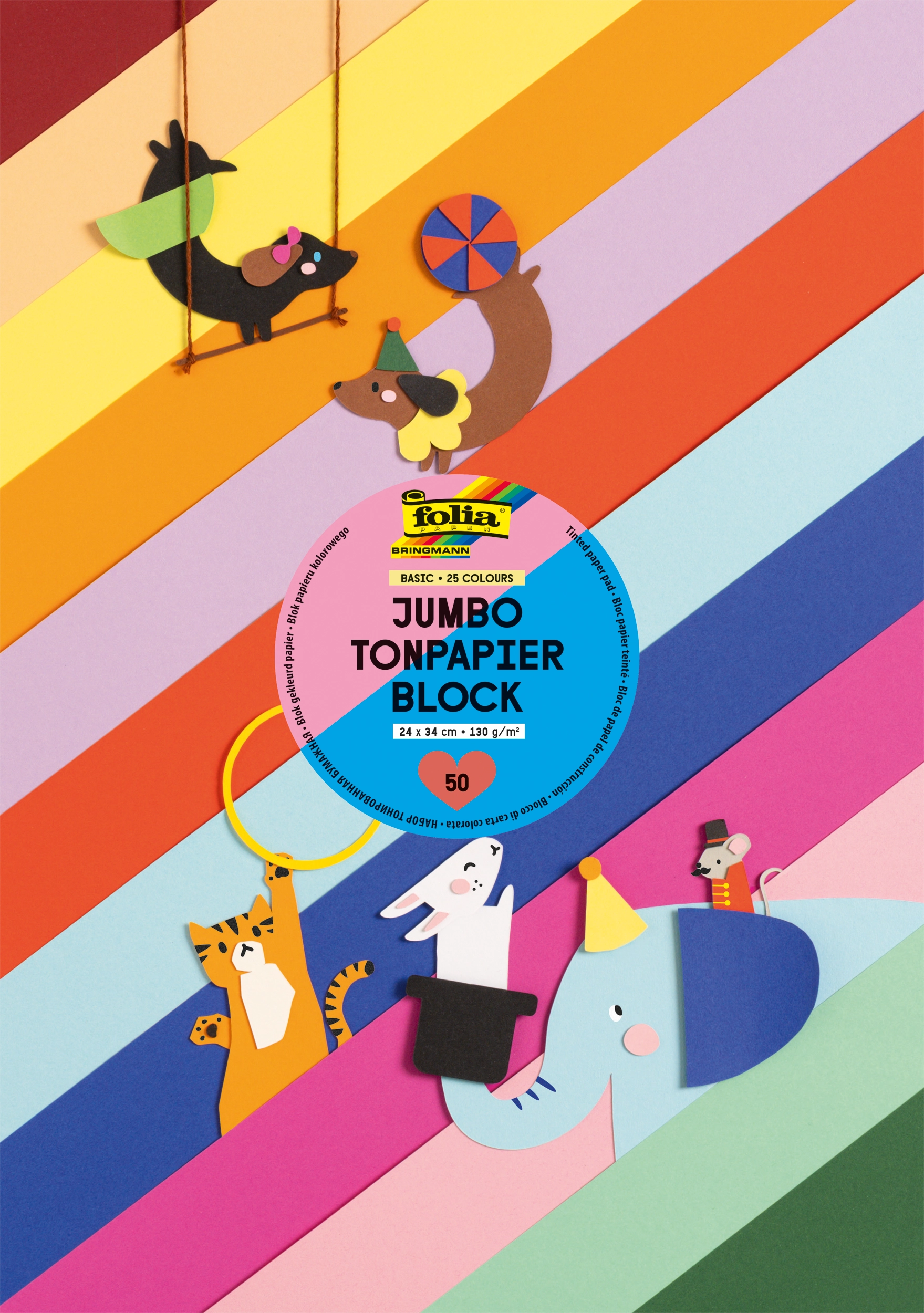 Jumbo Tinted Paper Pad, Basic, 25 Colours, 24 x 34 cm, 130 g/m², 50 sheets