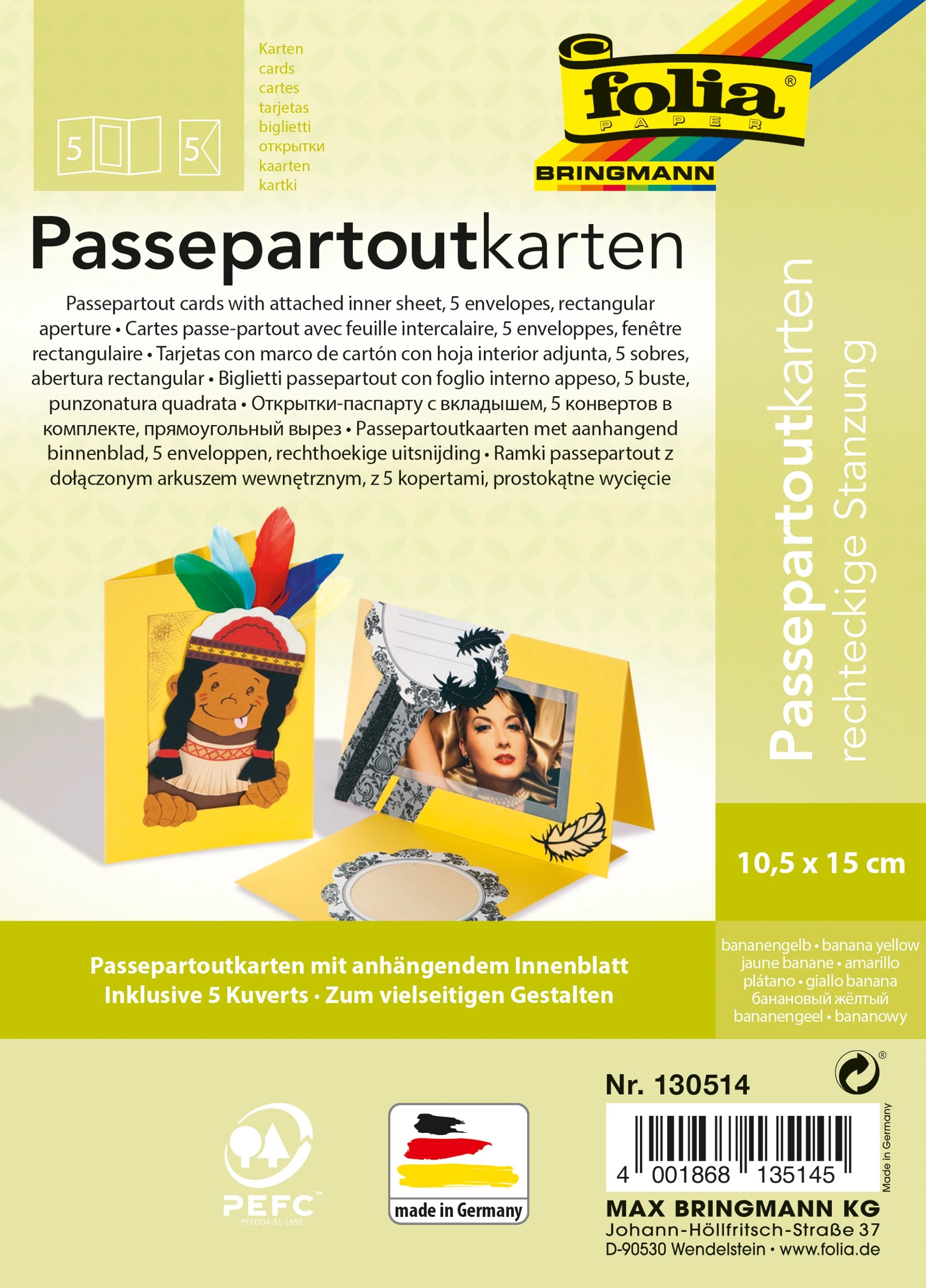 Passepartoutkarten, Bananengelb, Rechteckig, 10,5 x 15,0 cm, 130 g/m², 220 g/m² , 5 Stück