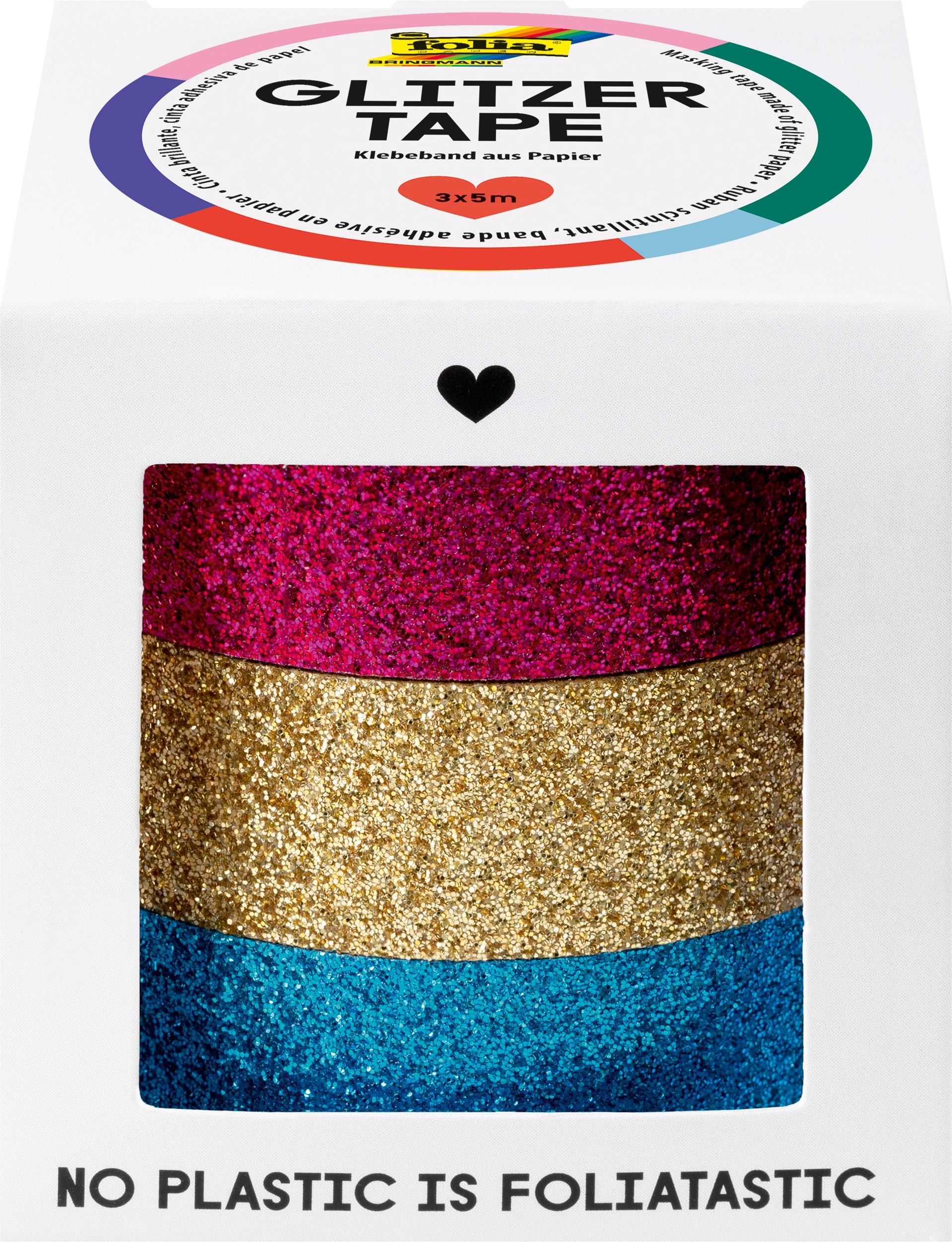 Glitzertape, Pink, Gold, Hellblau, 3x 5 m, 3 Rollen