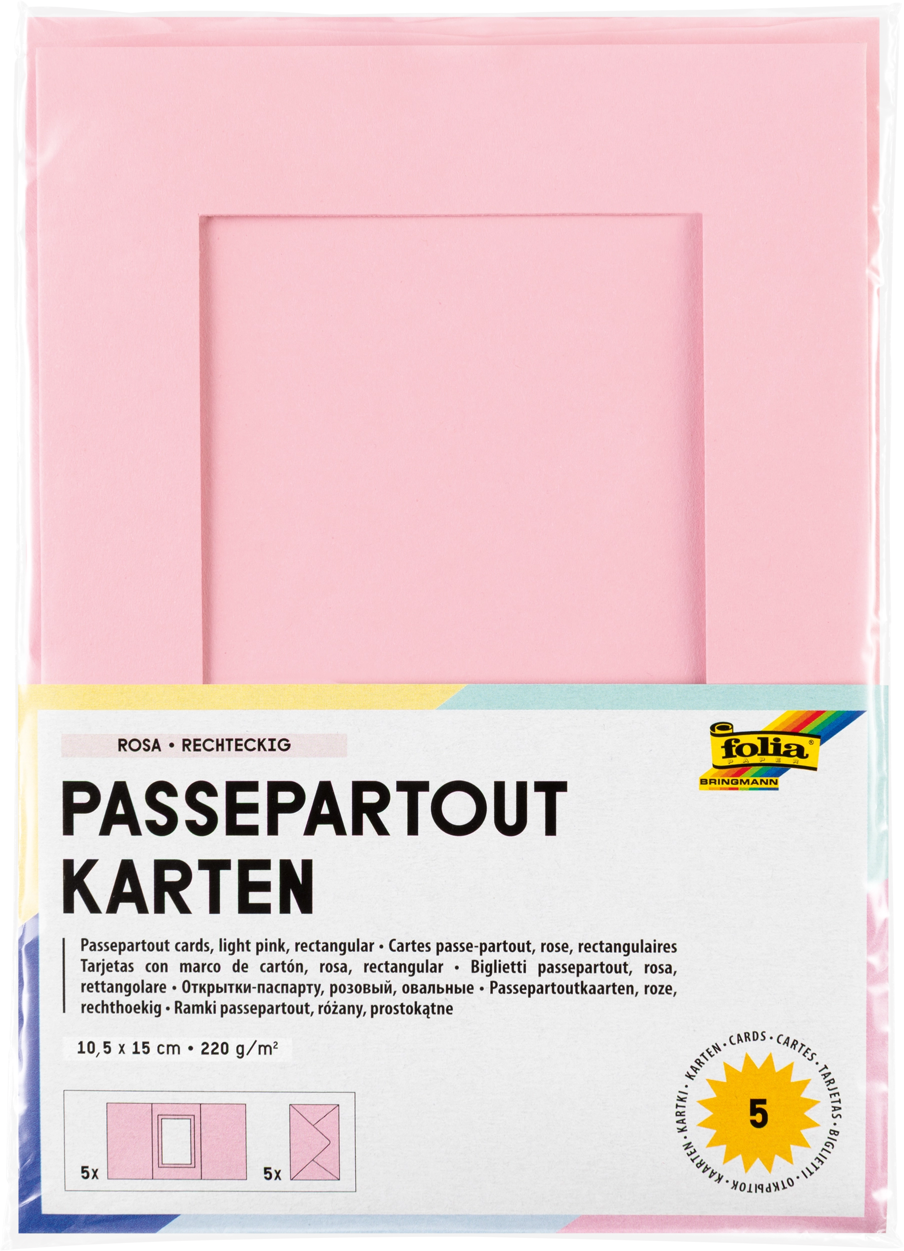Passepartoutkarten, Rosa, Rechteckig, 10,5 x 15,0 cm, 130 g/m², 220 g/m² , 5 Stück