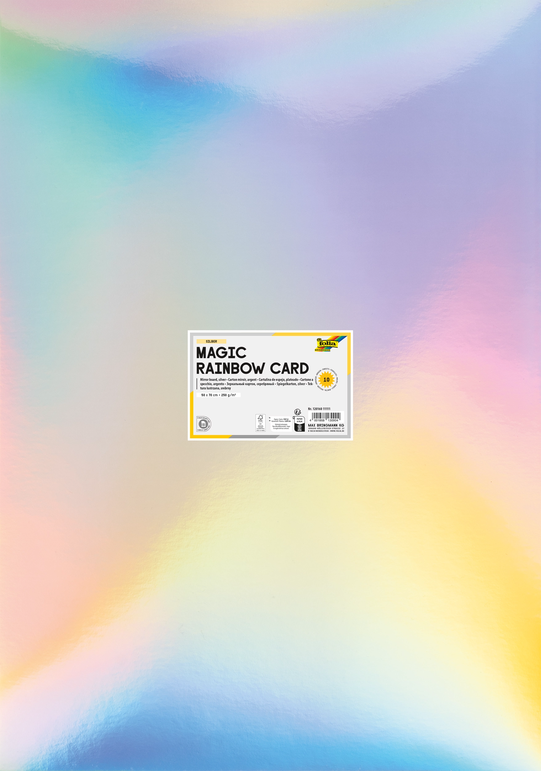 Magic Rainbow Card, Silver, Iridescent, 50 x 70 cm, 250 g/m², 10 sheets, with individual EAN