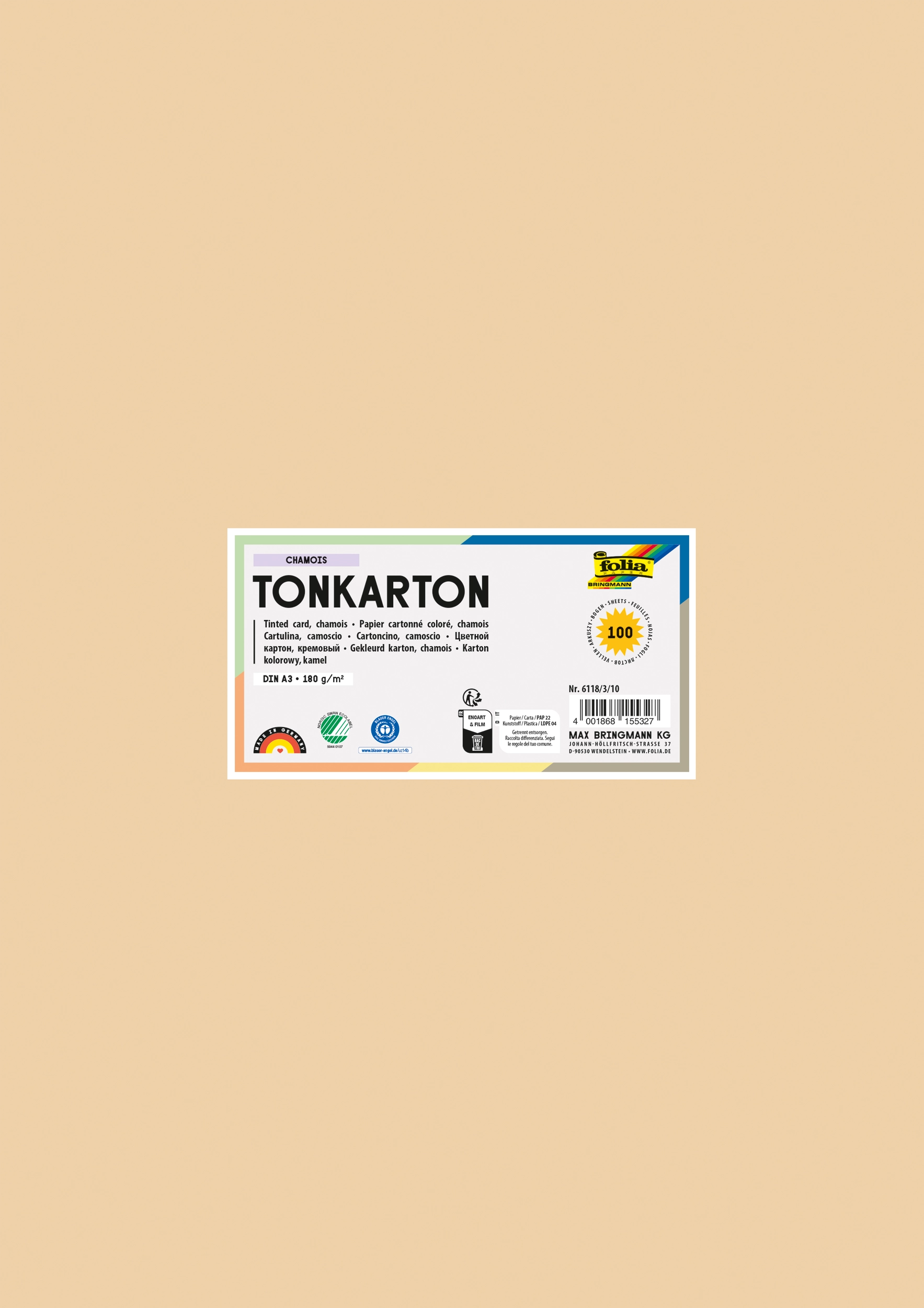 Tinted Card, Chamois, DIN A3, 180 g/m², 100 sheets