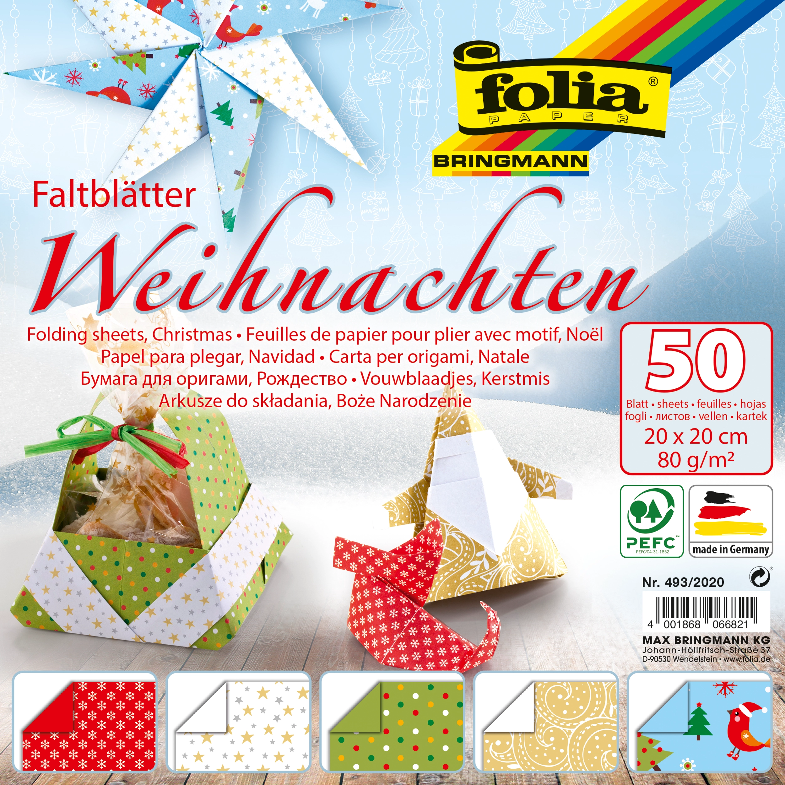 Origamipapier mit Motiv, X-Mas, 20 x 20 cm, 80 g/m², 50 Blatt