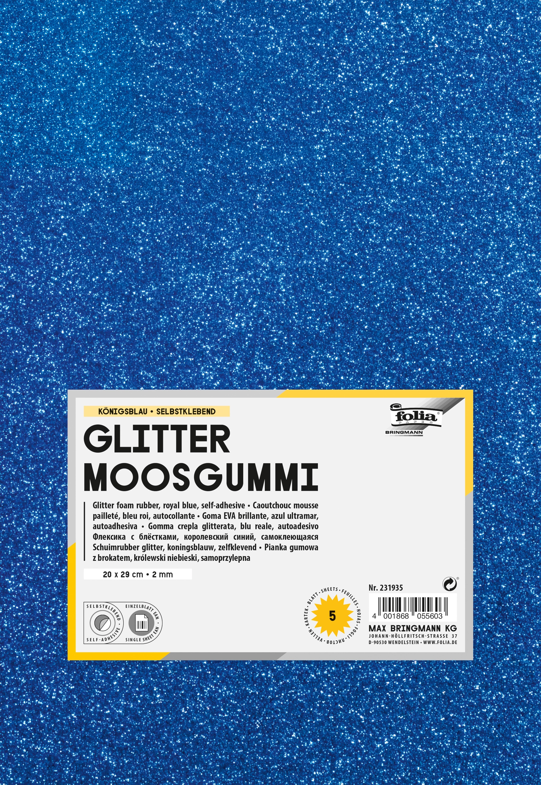 Glitter Moosgummi , Königsblau, selbstklebend, 20 x 29 cm, 5 Blatt