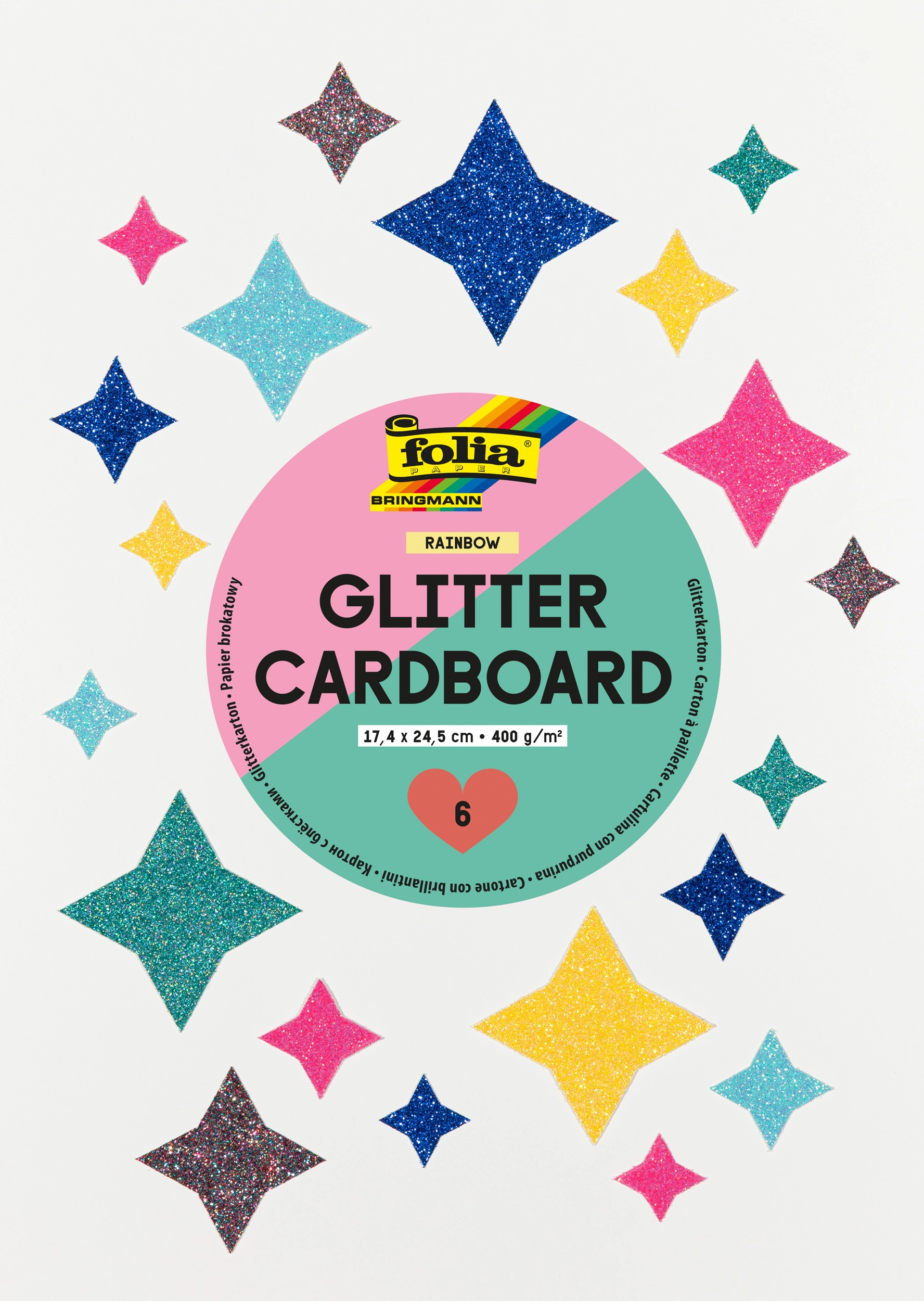 Glitter Cardboard Pad, Rainbow, 17,4 x 24,5 cm, 300 g/m², 6 sheets