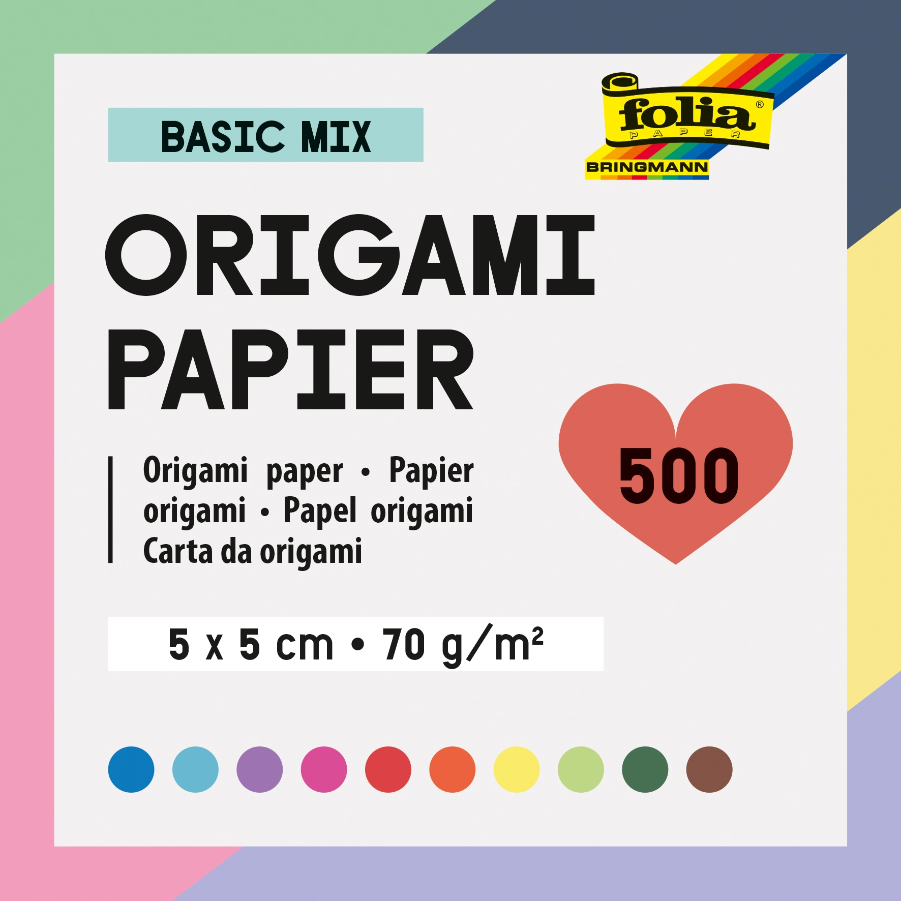 Origami Paper, Basic Mix, 5 x 5 cm, 70 g/m², 500 sheets
