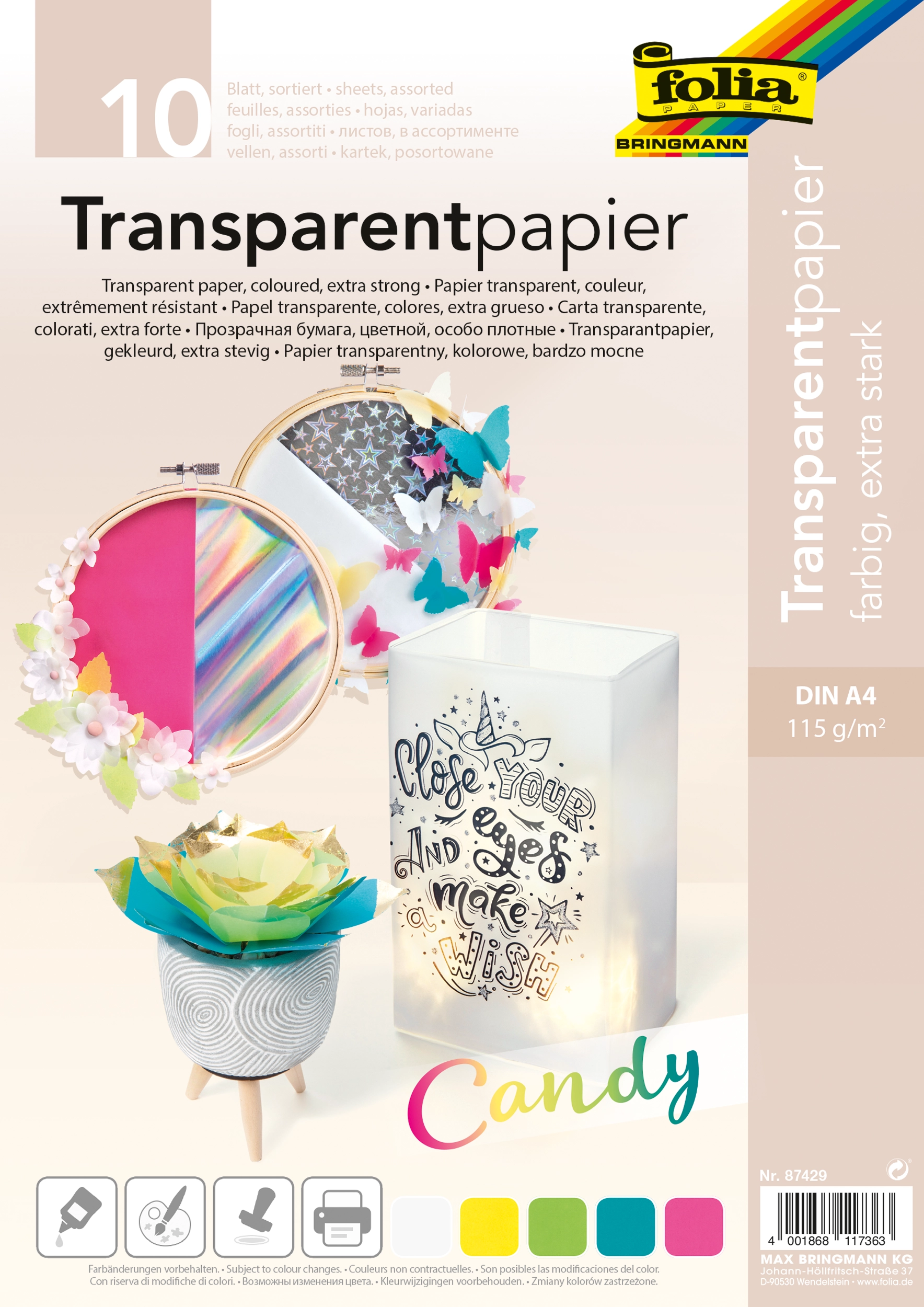 Transparentpapier, Candy, Extra Stark, DIN A4, 115 g/m², 10 Blatt