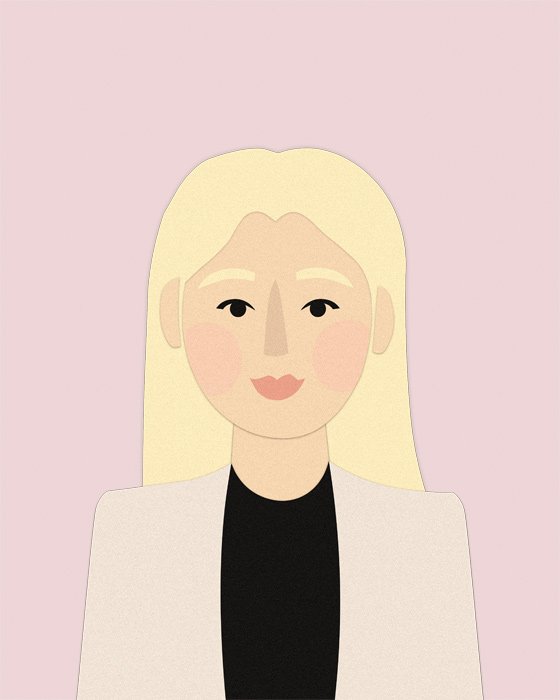 Illustration einer Person mit langen, hellblonden Haaren, schwarzem Oberteil und hellem Blazer vor einem zartrosafarbenen Hintergrund.
