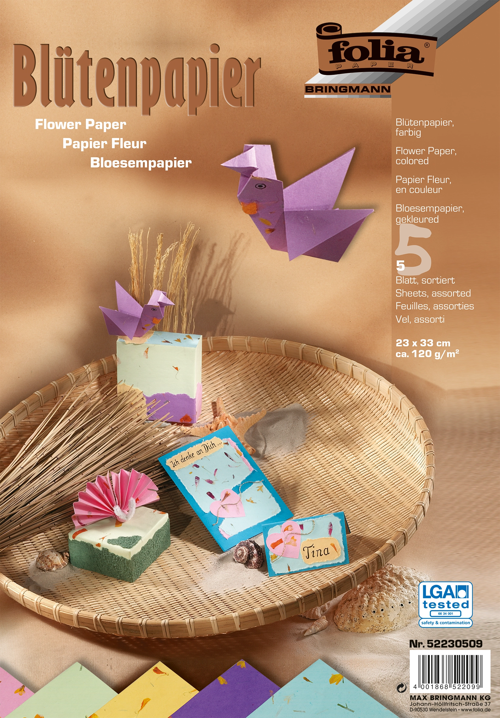 Blütenpapier, Farbig sortiert, 23 x 33 cm, ~ 120 g /m², 5 Blatt