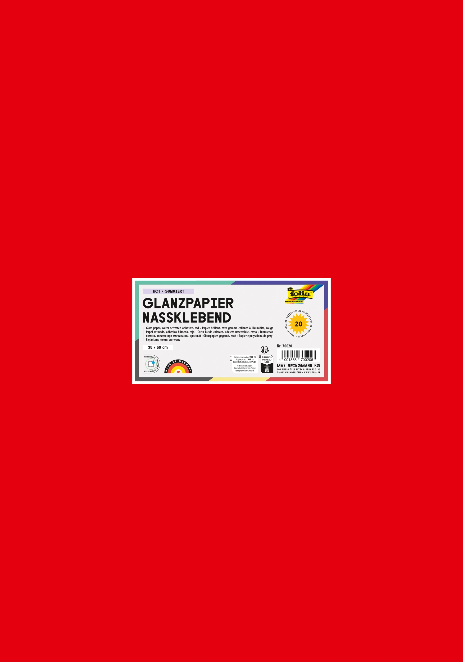 Glanzpapier Nassklebend, Rot, Gummiert, 35 x 50 cm, 80 g/m², 20 Blatt