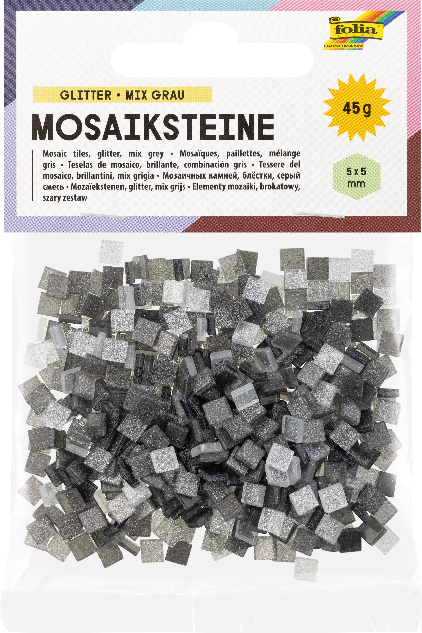 Resin-Mosaiksteine, Glitter, Mix Grau, 5 x 5 mm, 700 Stück