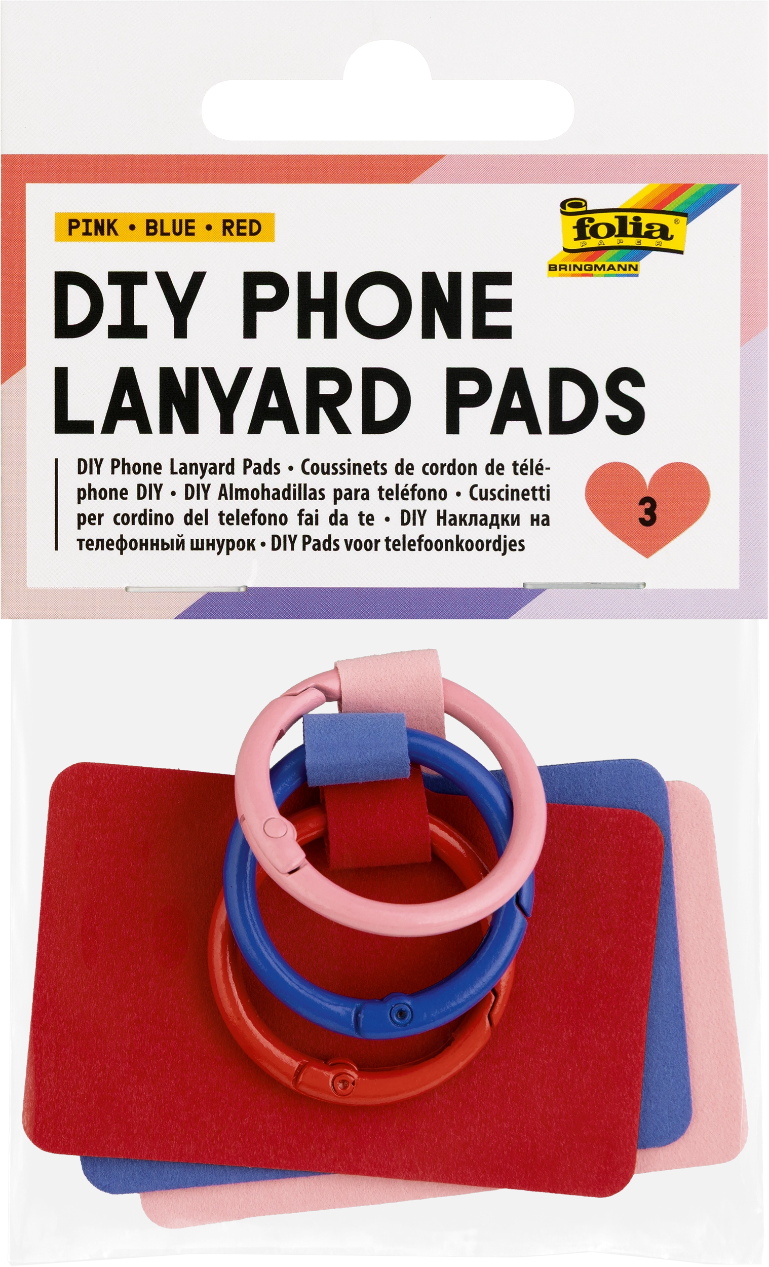 DIY Phone Lanyard Pads, Pink, Blue, Red, 3 Stück