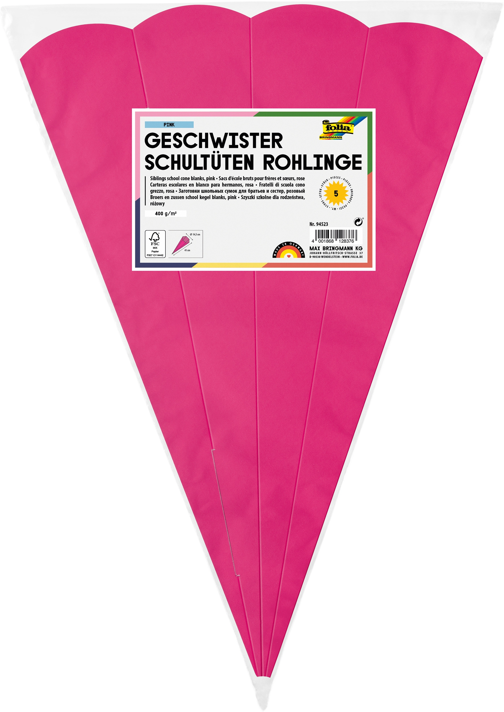 Geschwister Schultüten-Rohlinge, Pink, 400 g/m², 41 cm, Ø 14,5 cm, 5 Stück