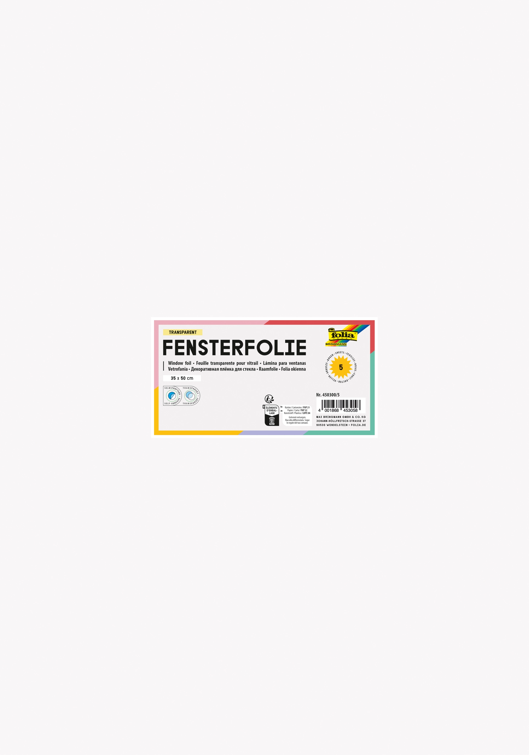 Fensterfolie, Farblos, Transparent, Selbsthaftend, 35 x 50 cm, 5 Blatt