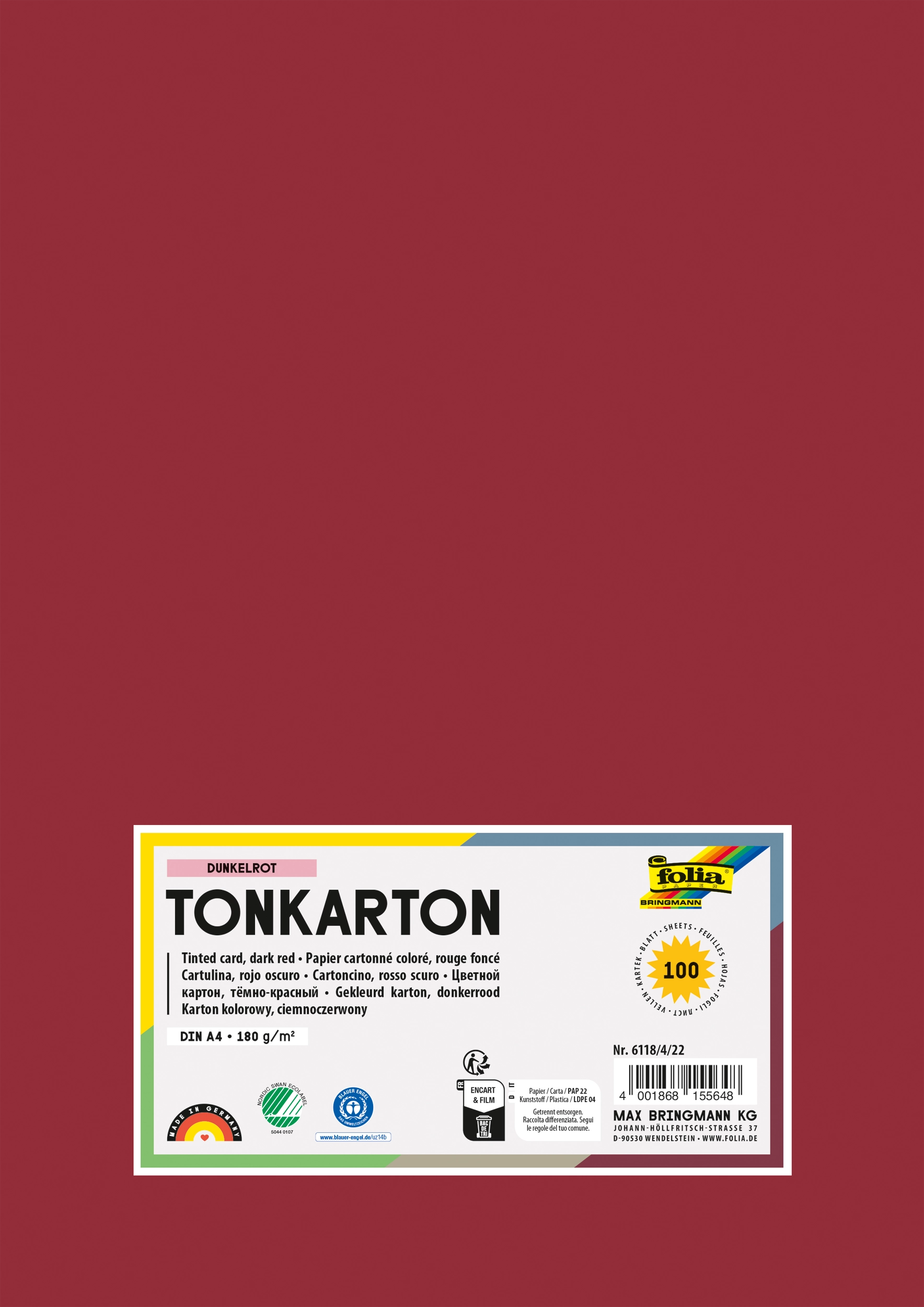 Tinted Card, Dark Red, DIN A4, 180 g/m², 100 sheets