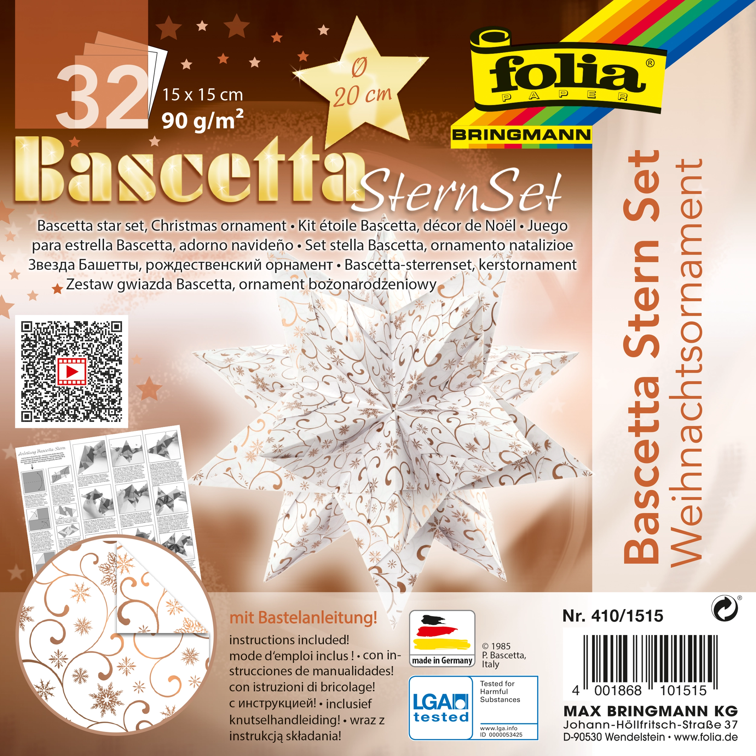 Bascetta Stern, Eisblumen, Weiß & Kupfer, 15 x 15 cm, 90 g/m², 1 Stern