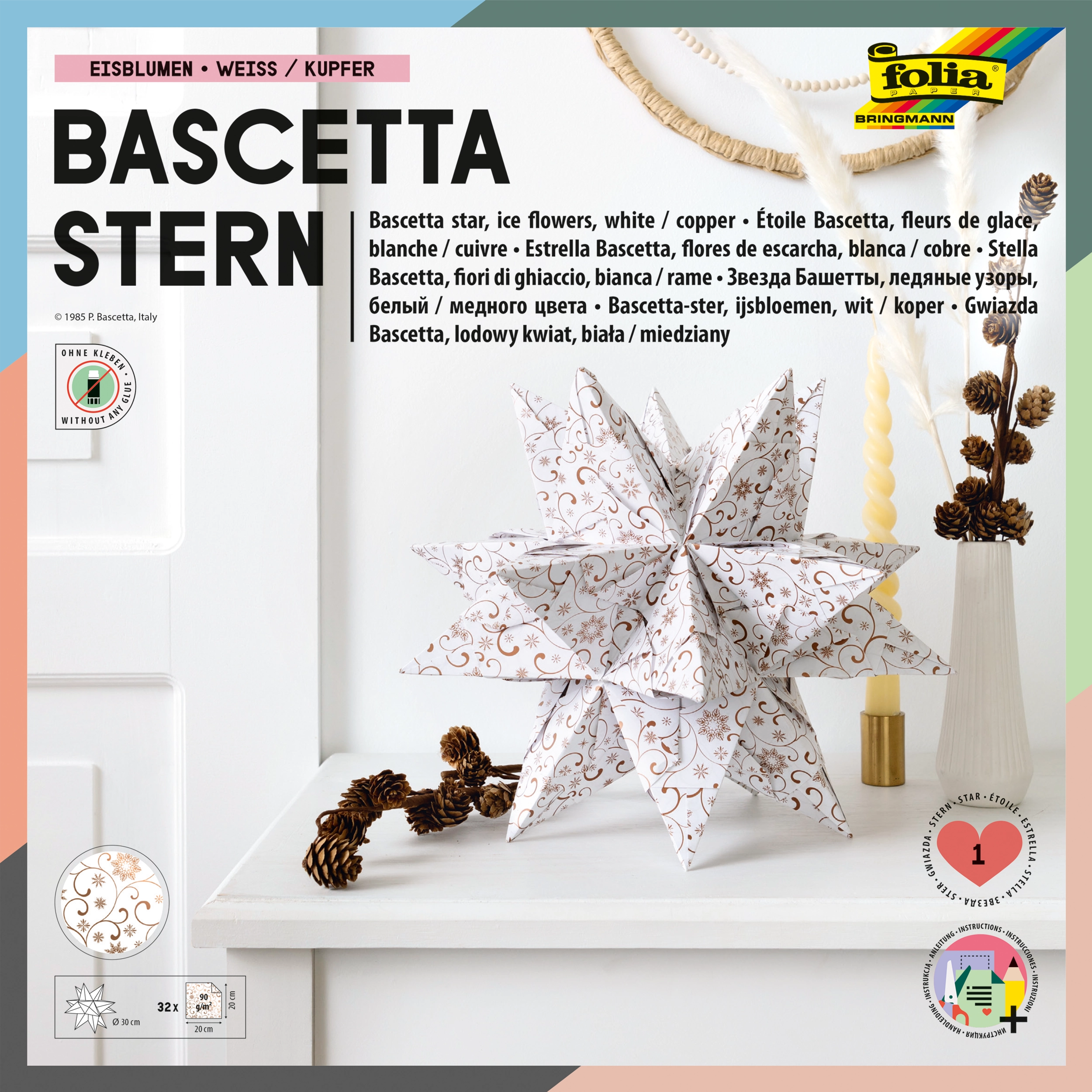 Bascetta Stern, Eisblumen, Weiß & Kupfer, 20 x 20 cm, 90 g/m², 1 Stern
