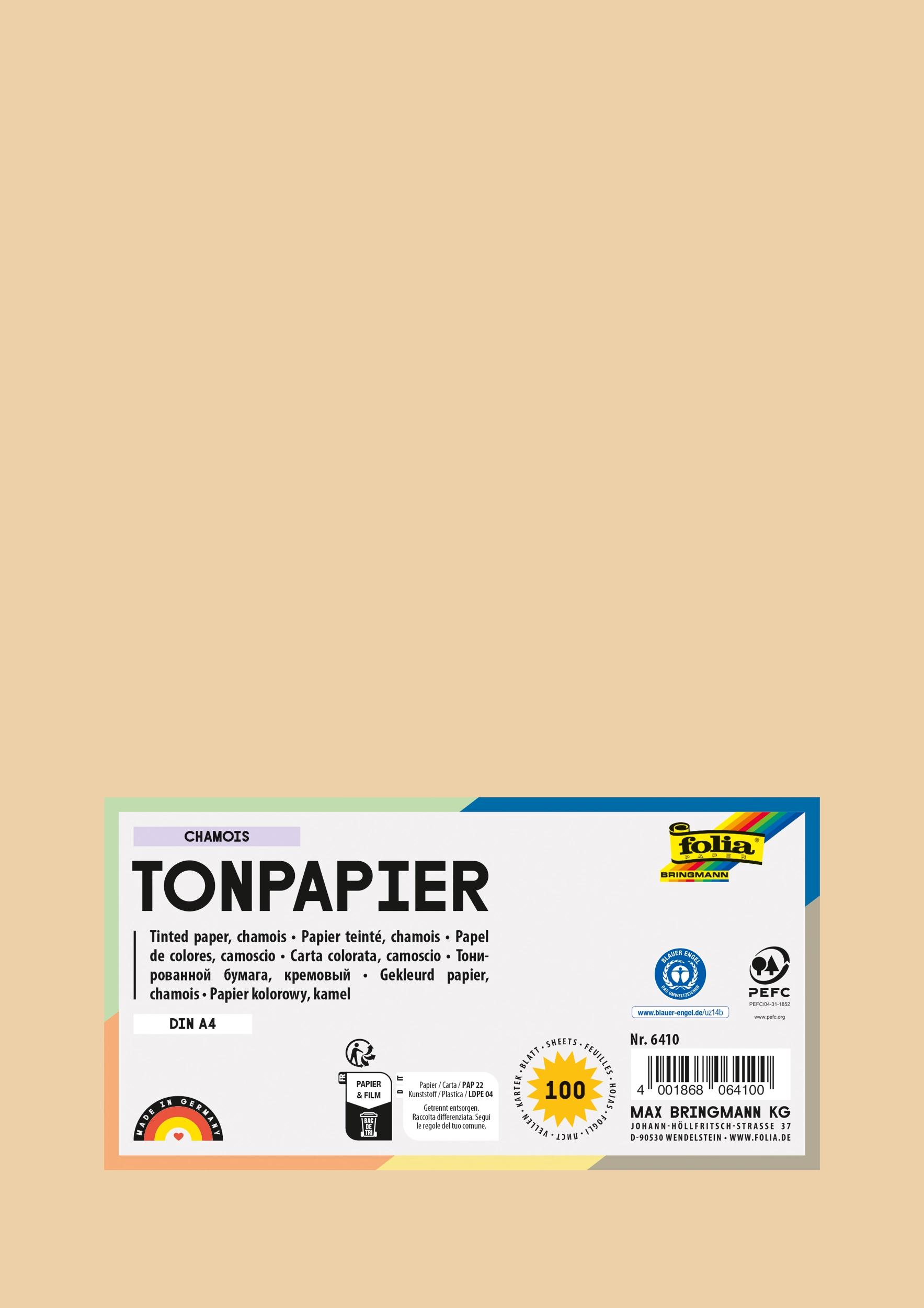 Tonpapier, Chamois, DIN A4, 130 g/m², 100 Blatt