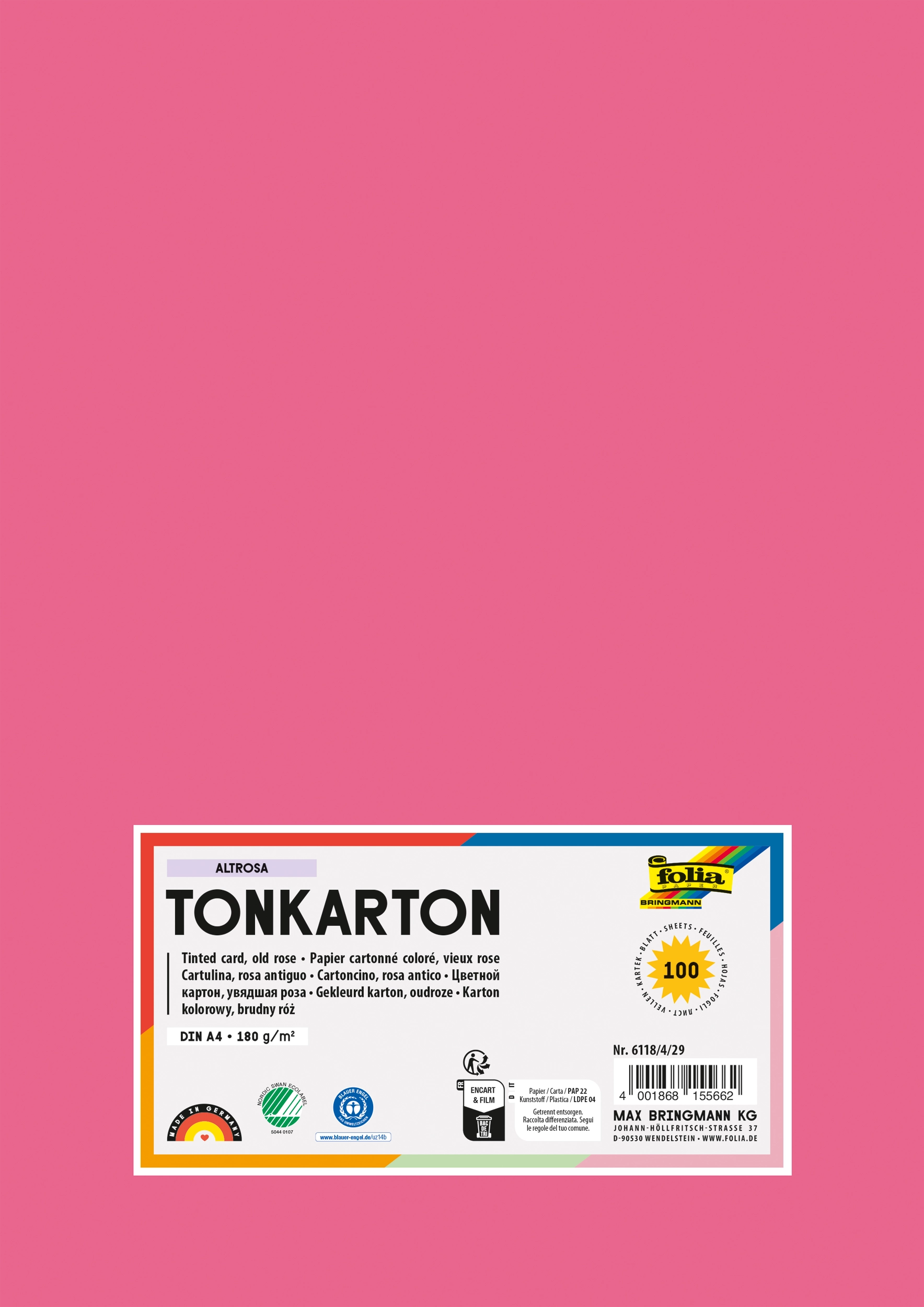 Tonkarton, Altrosa, DIN A4, 180 g/m², 100 Bogen