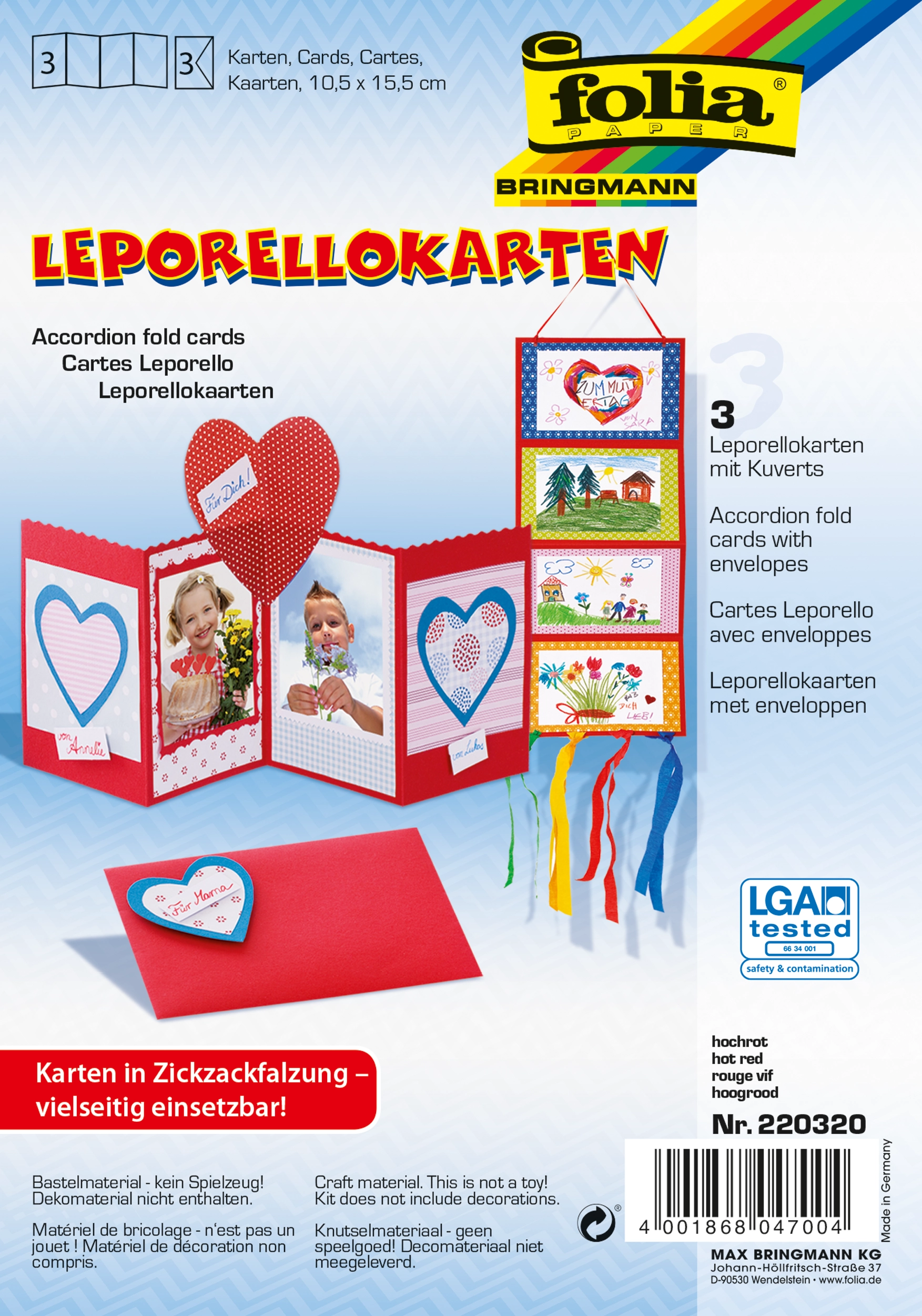 Accordion Fold Cards, Hot Red, 10,5 x 15,0 cm, 130 g/m², 300 g/m² , 3 pieces