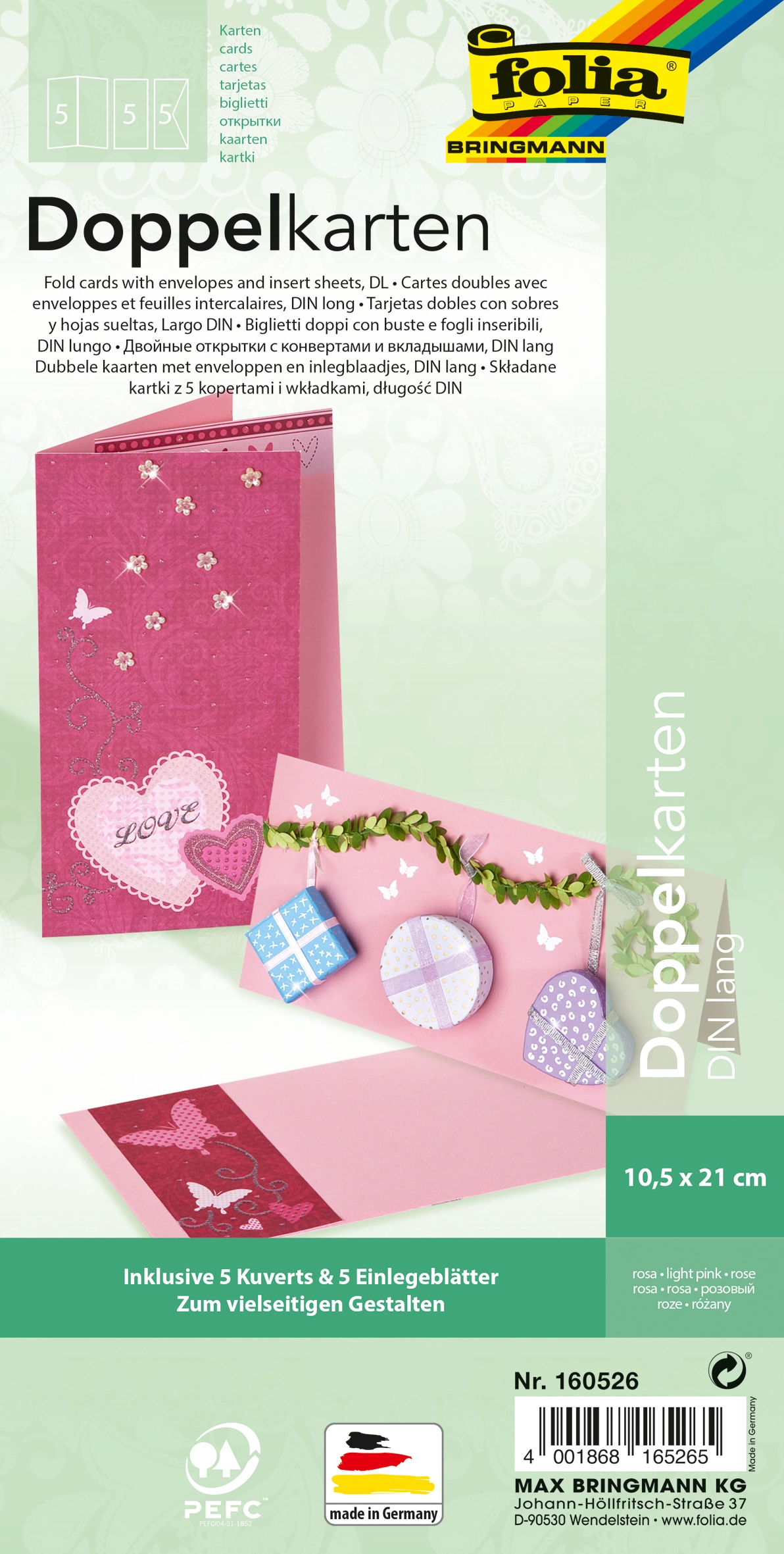 Klappkarten, Rechteckig, Rosa, 10,5 x 21,0 cm, 130 g/m², 220 g/m²  , 5 Stück