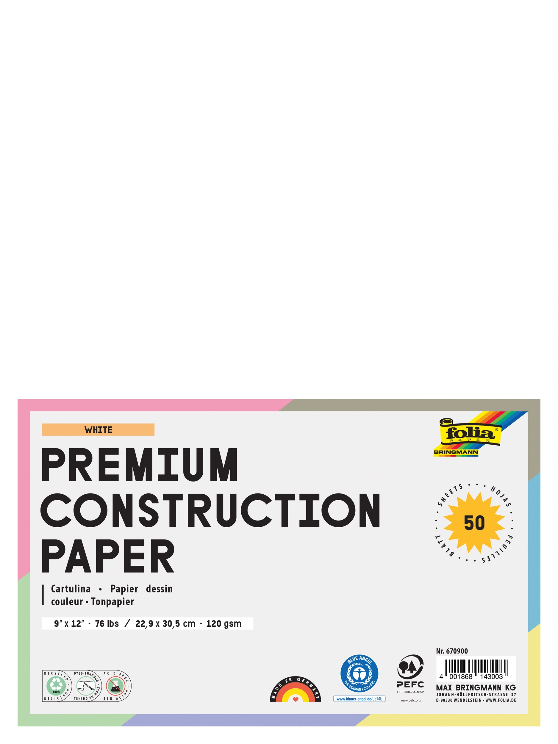 Tonpapier, Weiß, 22,9 x 30,5 cm, 120 g/m², 50 Blatt