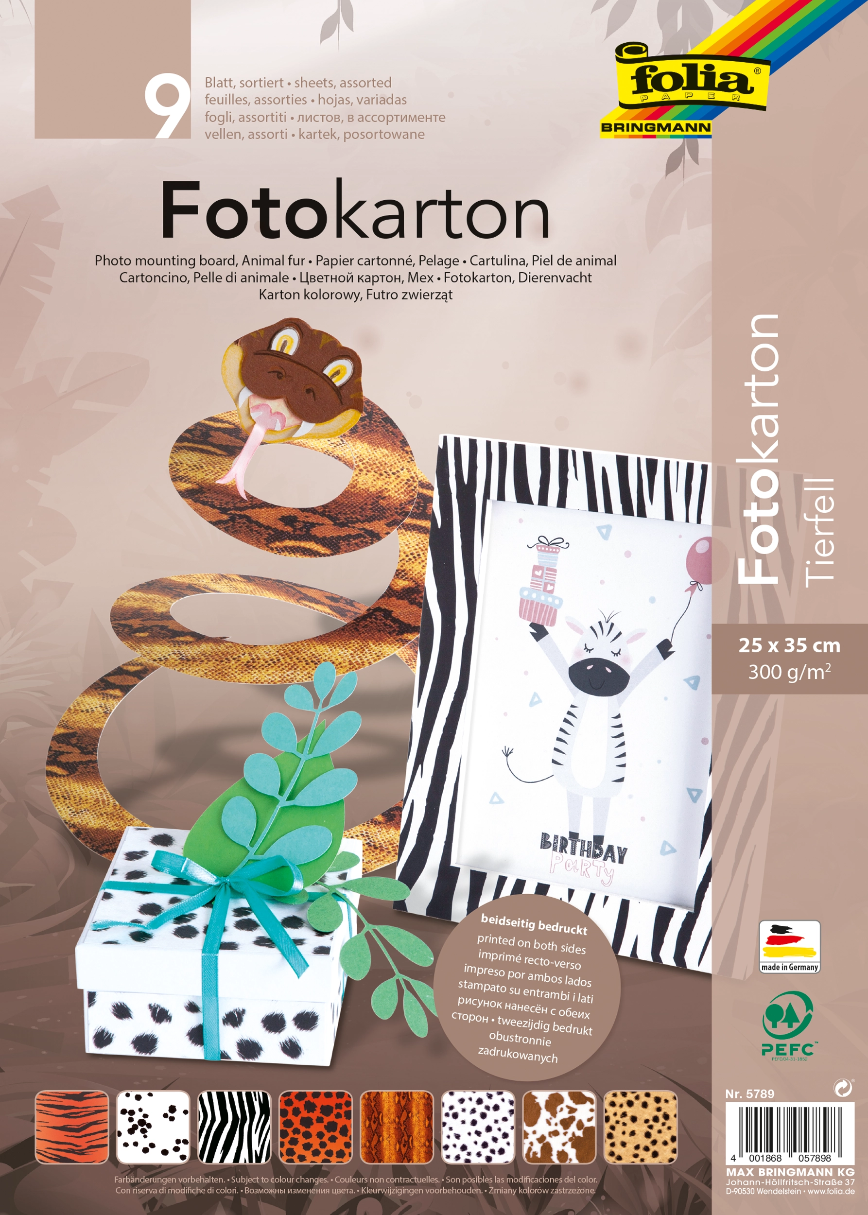 Tier-Fell-Leder-Karton, 8 Motive Sortiert, 25 x 35 cm, 300 g/m², 9 Blatt
