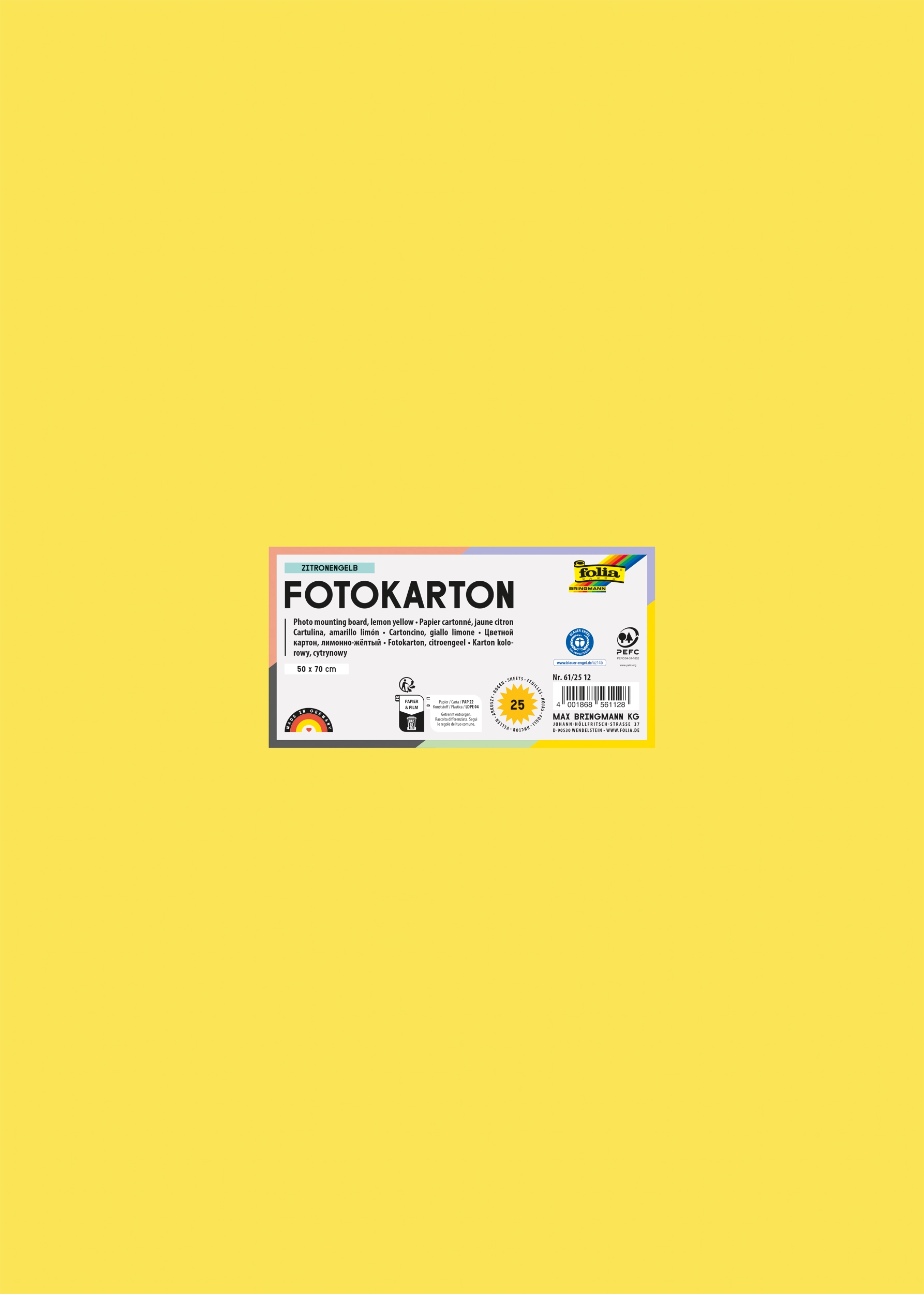Photo Mounting Board, Lemon Yellow, 50 x 70 cm, 300 g/m², 25 sheets