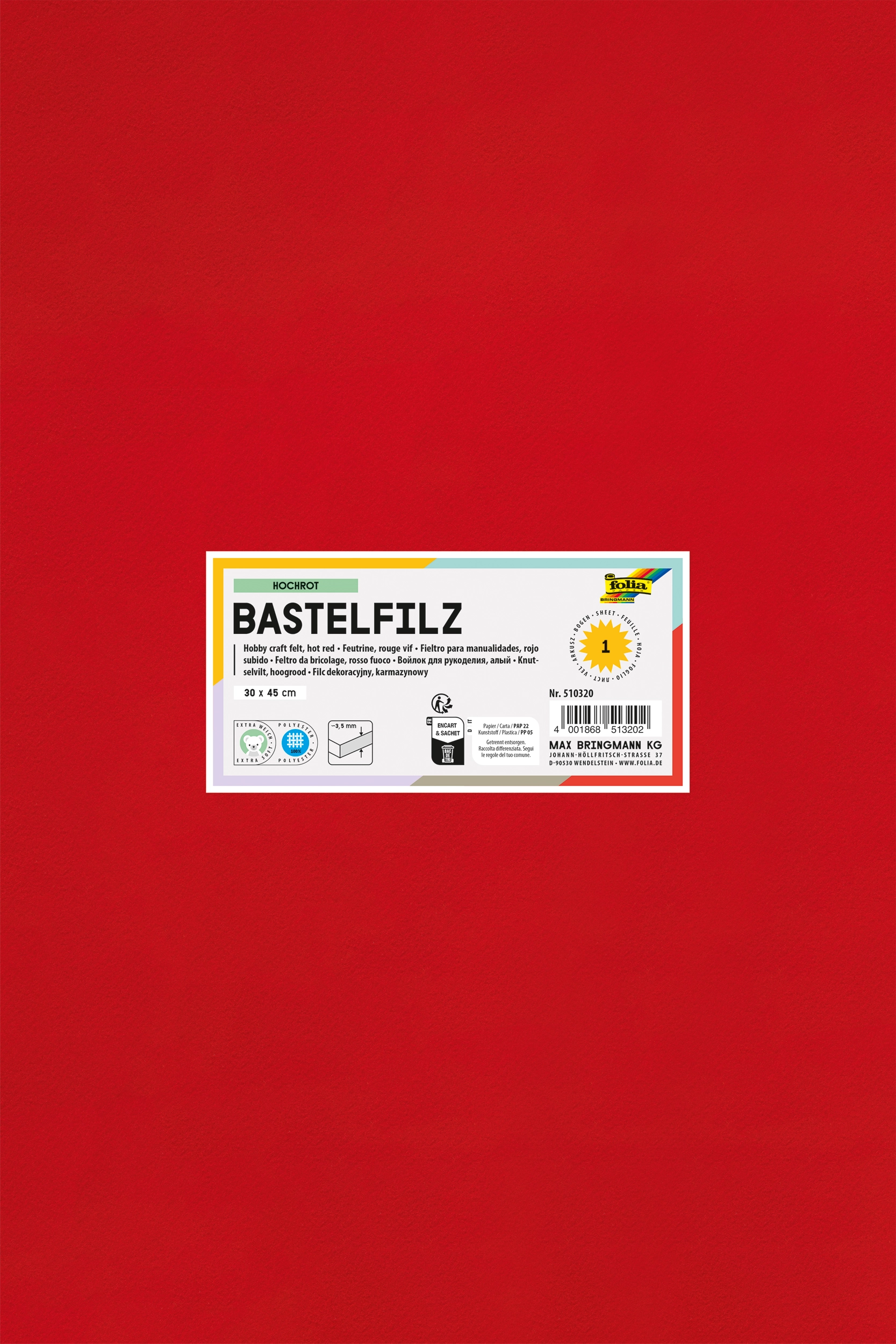 Bastelfilz, Hochrot, 30 x 45 cm, 1 Blatt