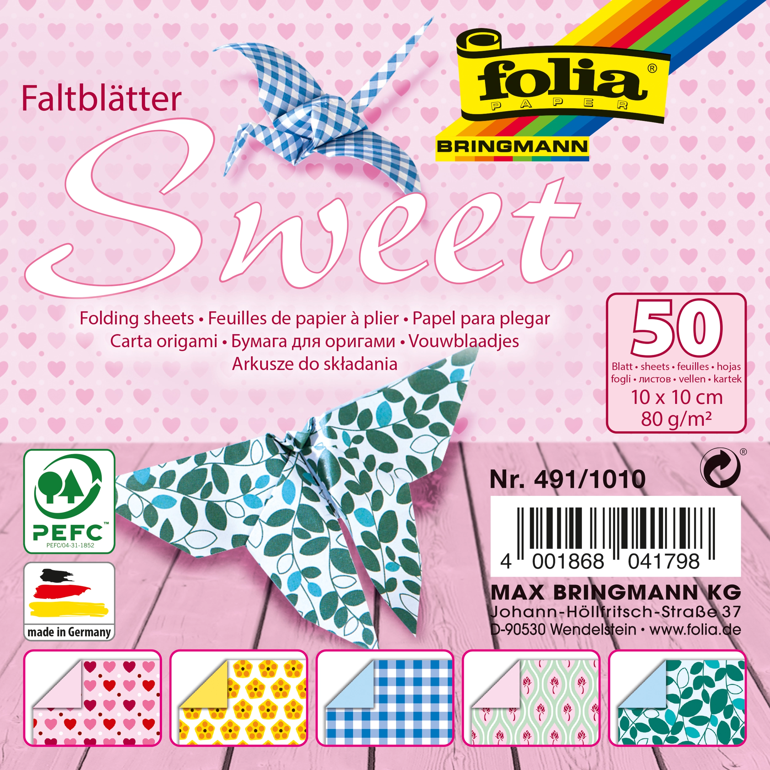 Origamipapier mit Motiv, Sweet, 10 x 10 cm, 80 g/m², 50 Blatt