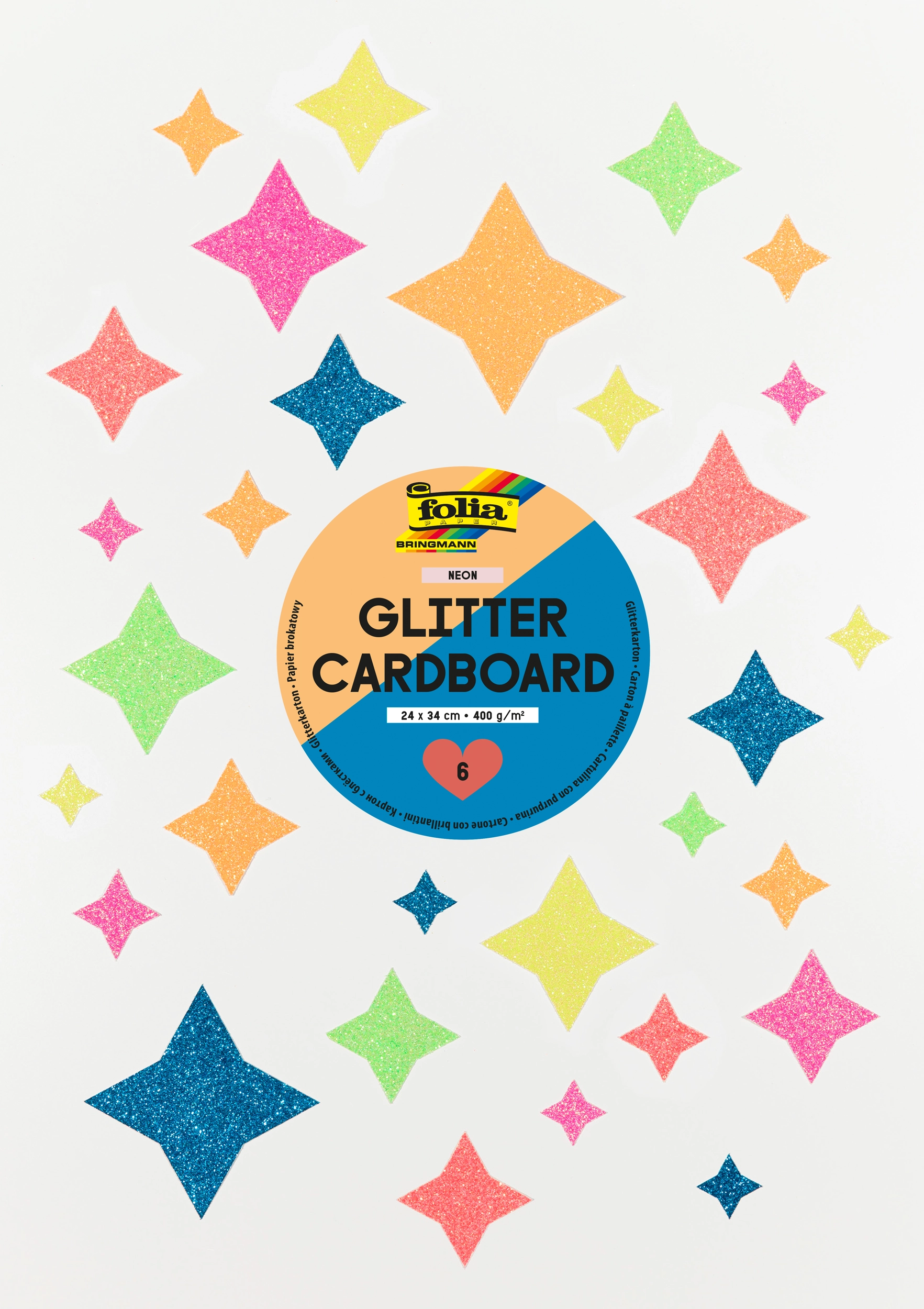 Glitter Cardboard Pad, Neon, 24 x 34 cm, 300 g/m², 6 sheets